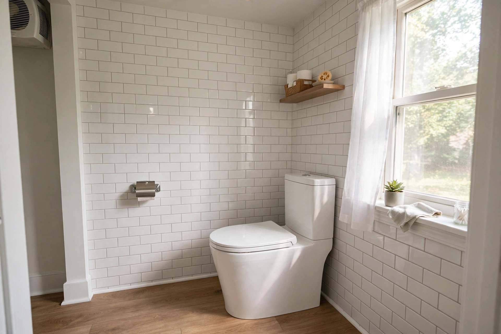 one piece vs two piece toilet comparison usa: Modern one piece toilet in a clean American bathroom