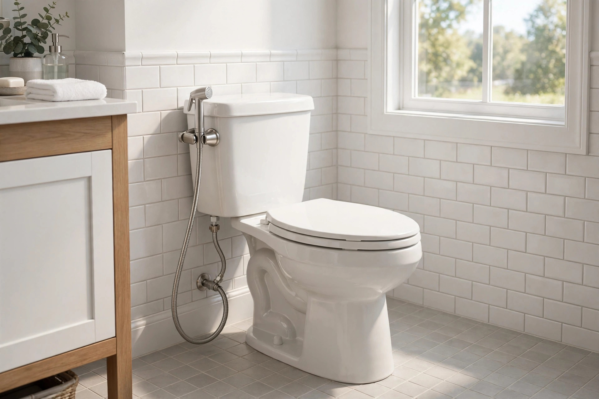 handheld bidet sprayer installation guide usa: Handheld bidet sprayer installed beside a toilet