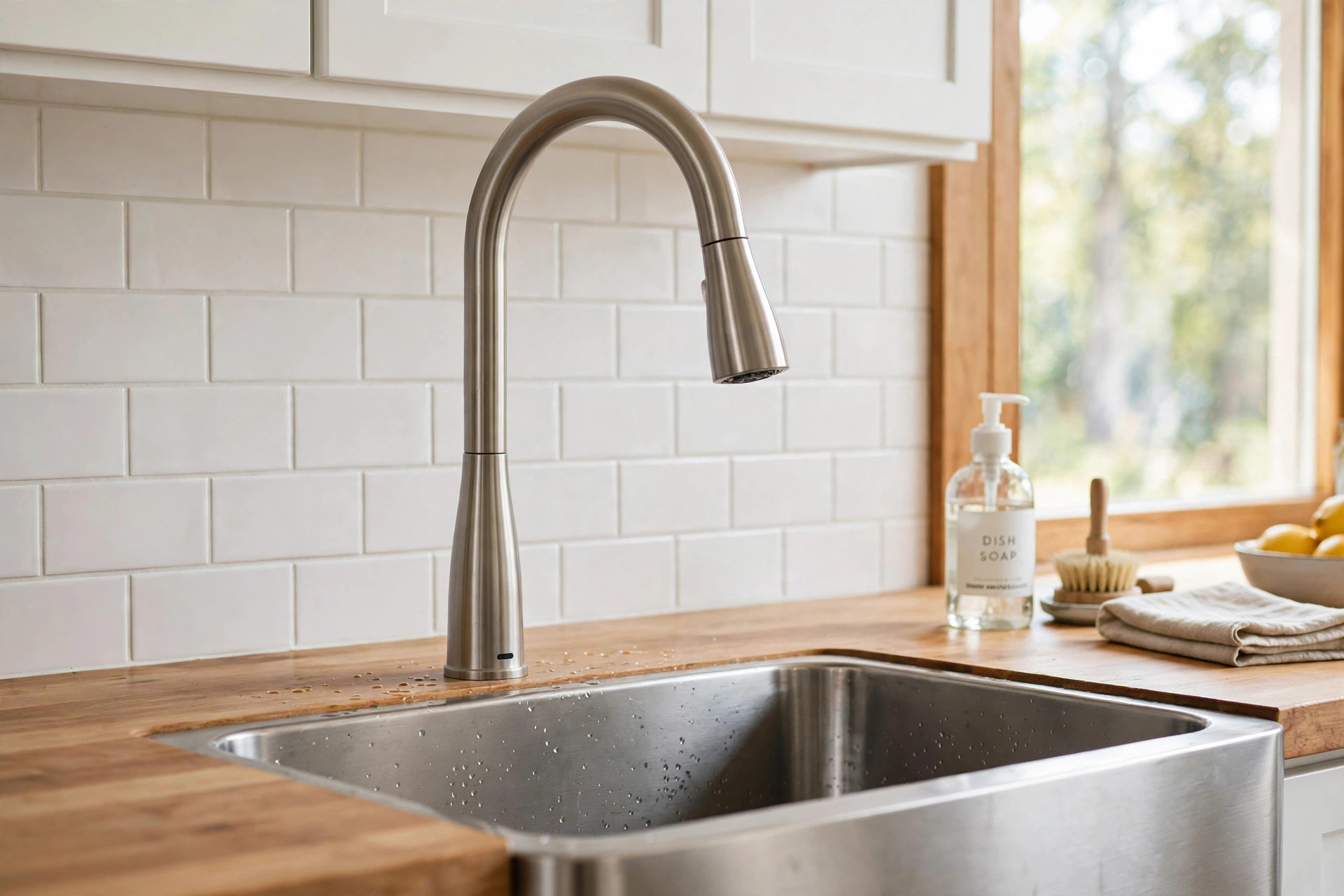 Modern touchless kitchen faucet over a farmhouse sink, best touchless kitchen faucet reviews usa