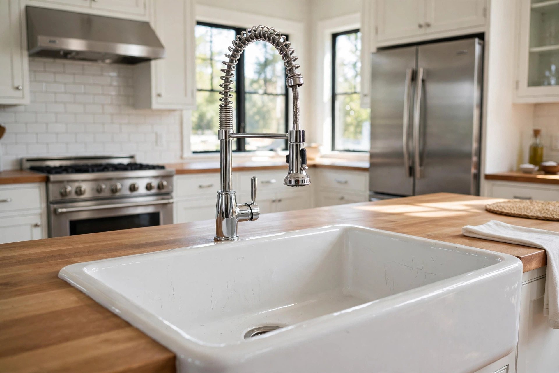 commercial style kitchen faucet reviews usa: A commercial style kitchen faucet with a tall spring neck over a farmhouse sink