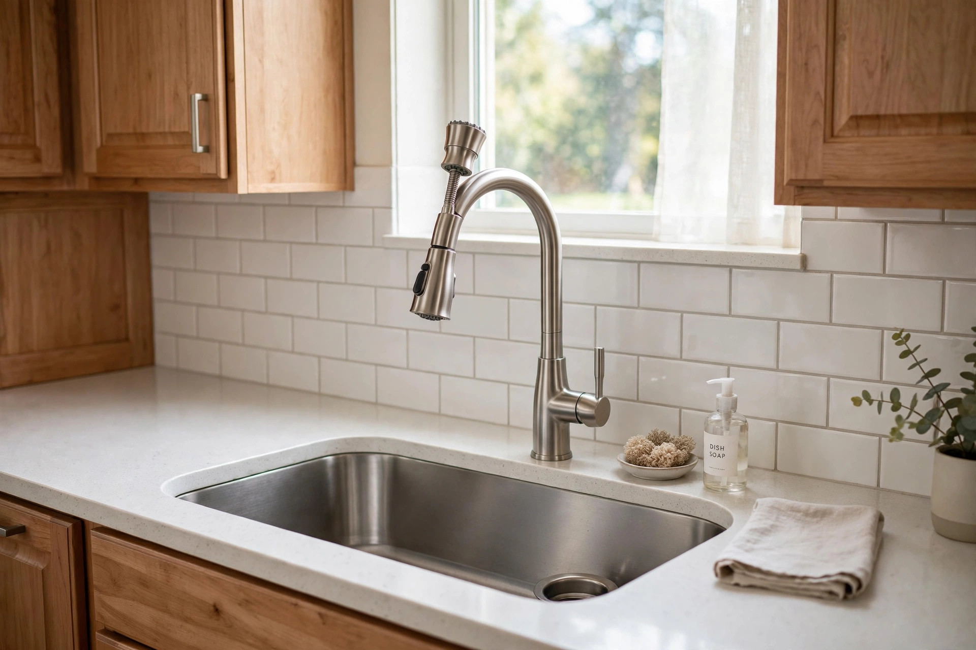 best pull down kitchen faucet 2026 usa: Stainless steel pull down kitchen faucet in a modern American kitchen