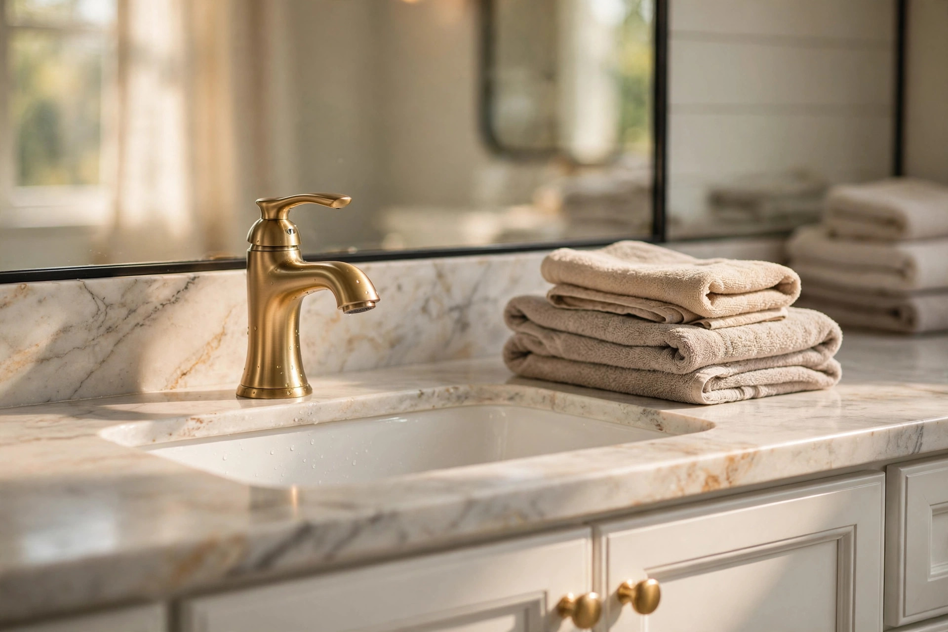brushed gold bathroom faucet reviews usa: Brushed gold bathroom faucet on a white vanity sink