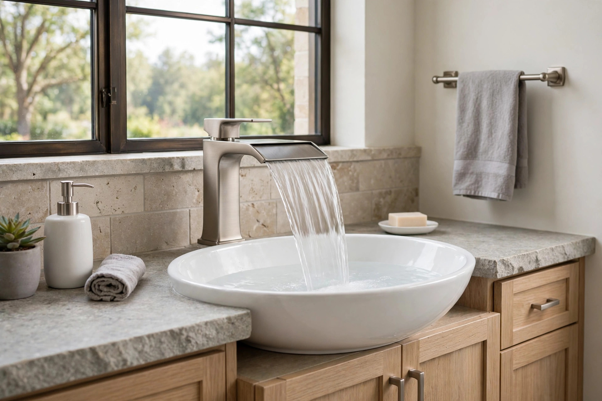 waterfall bathroom faucet pros cons usa: Waterfall bathroom faucet with a smooth sheet of water flowing into a vessel sink