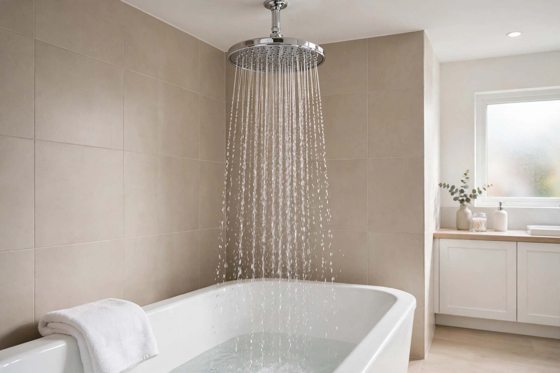 best rain shower head for low pressure usa: Rain shower head mounted in a tiled bathroom