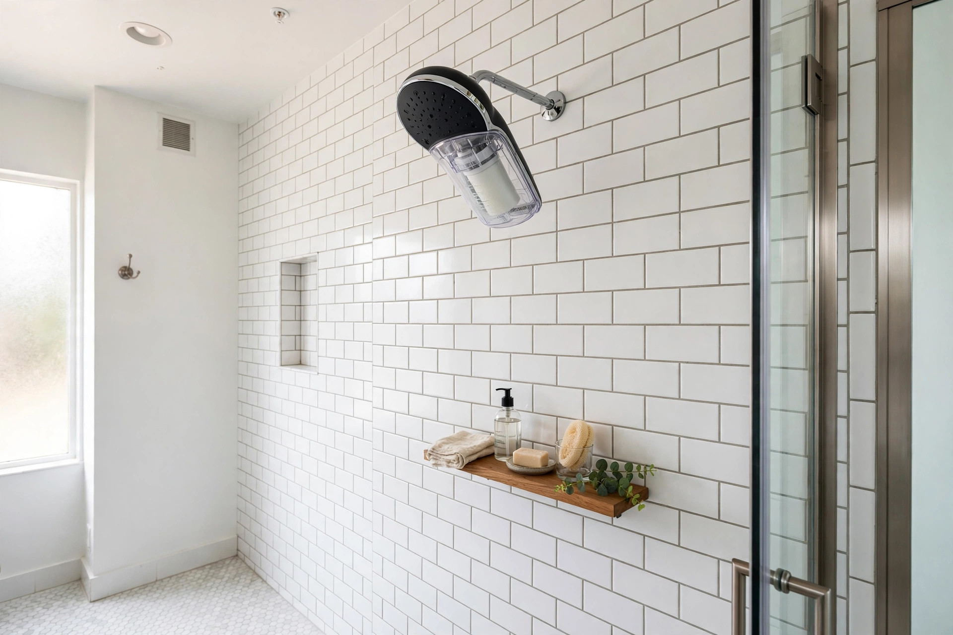 best shower head for well water usa: Shower head for well water installed in an American bathroom