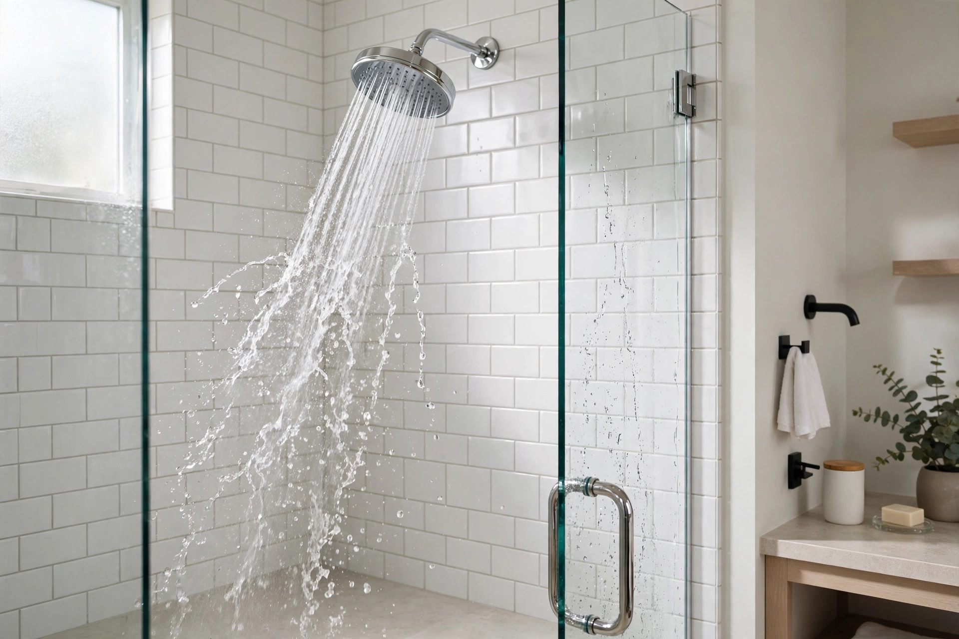 Chrome high pressure shower head spraying strong water streams in a tiled modern bathroom — high pressure shower head reviews 2026 usa