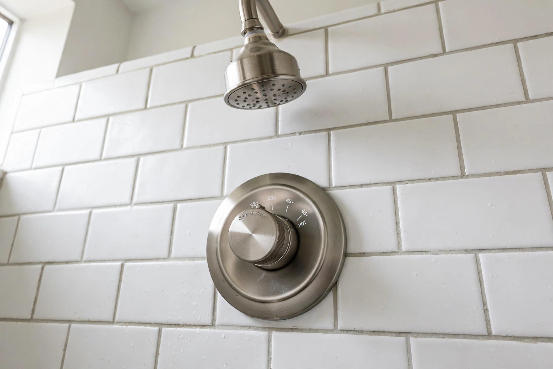 thermostatic shower valve pros cons usa: A thermostatic shower valve trim plate and handle on a tiled shower wall in an American bathroom