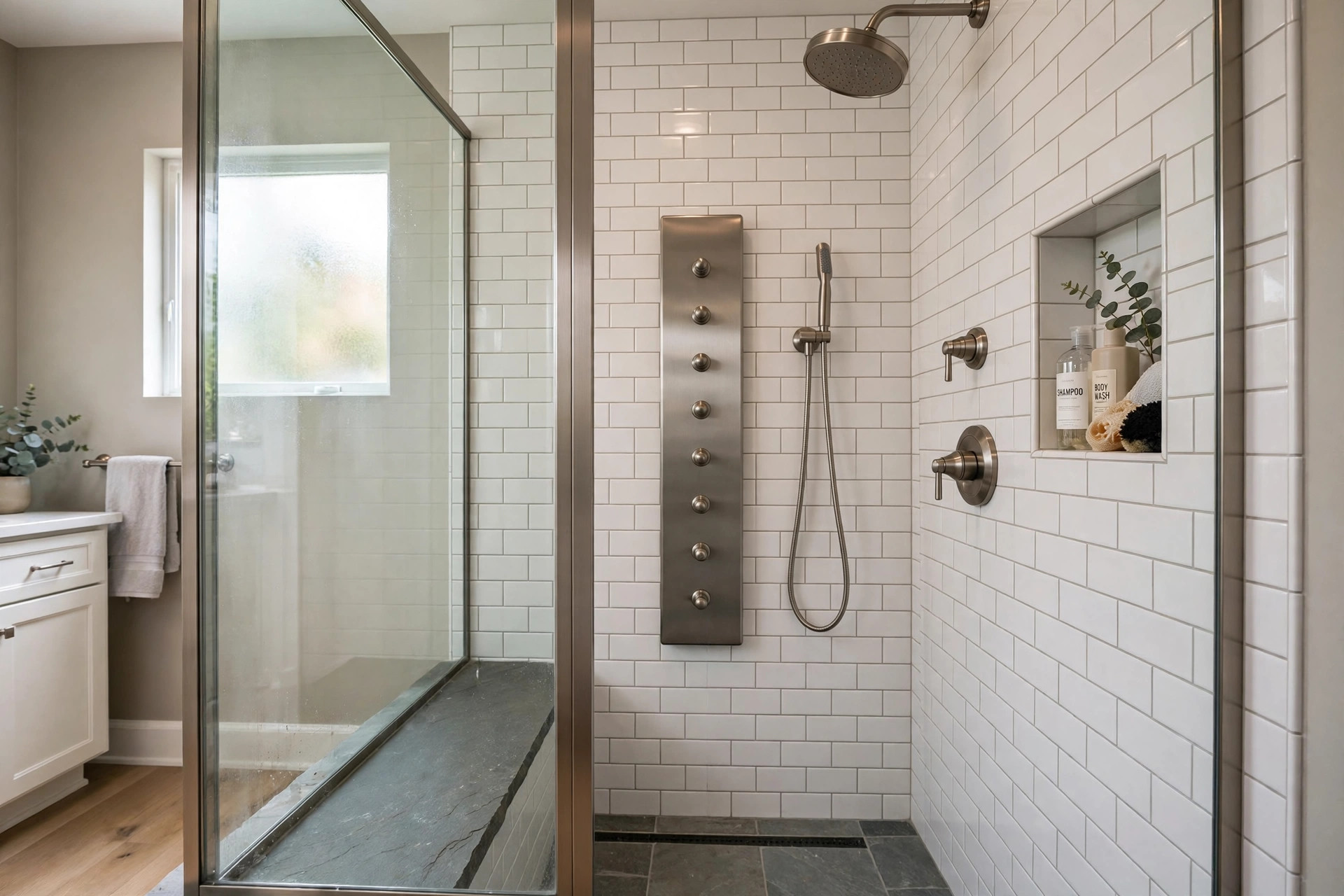 best shower system with body sprays usa: Modern shower system with body sprays installed in an American bathroom