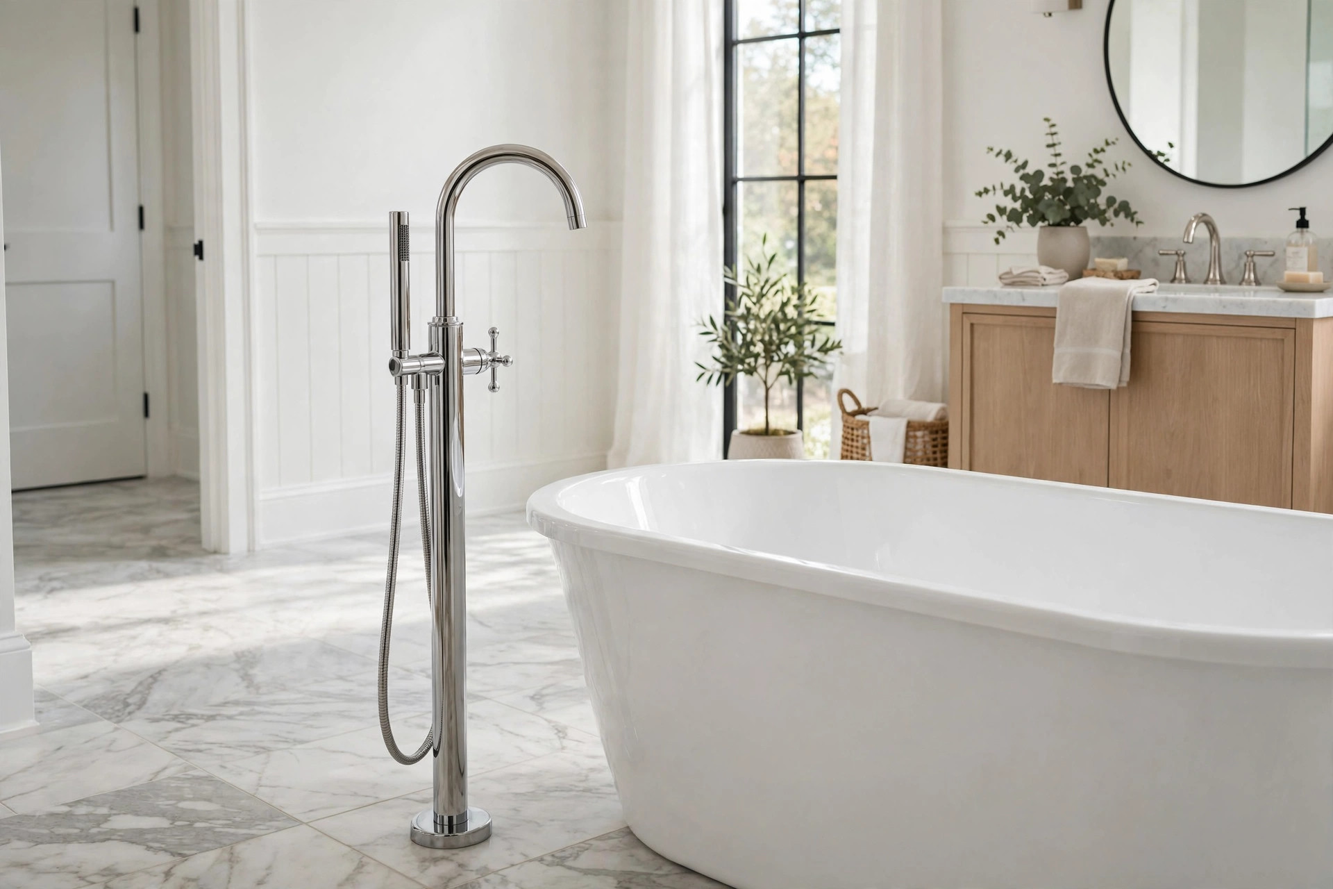 freestanding tub faucet floor mount reviews: A freestanding tub faucet floor mount beside a soaking tub in a bright bathroom