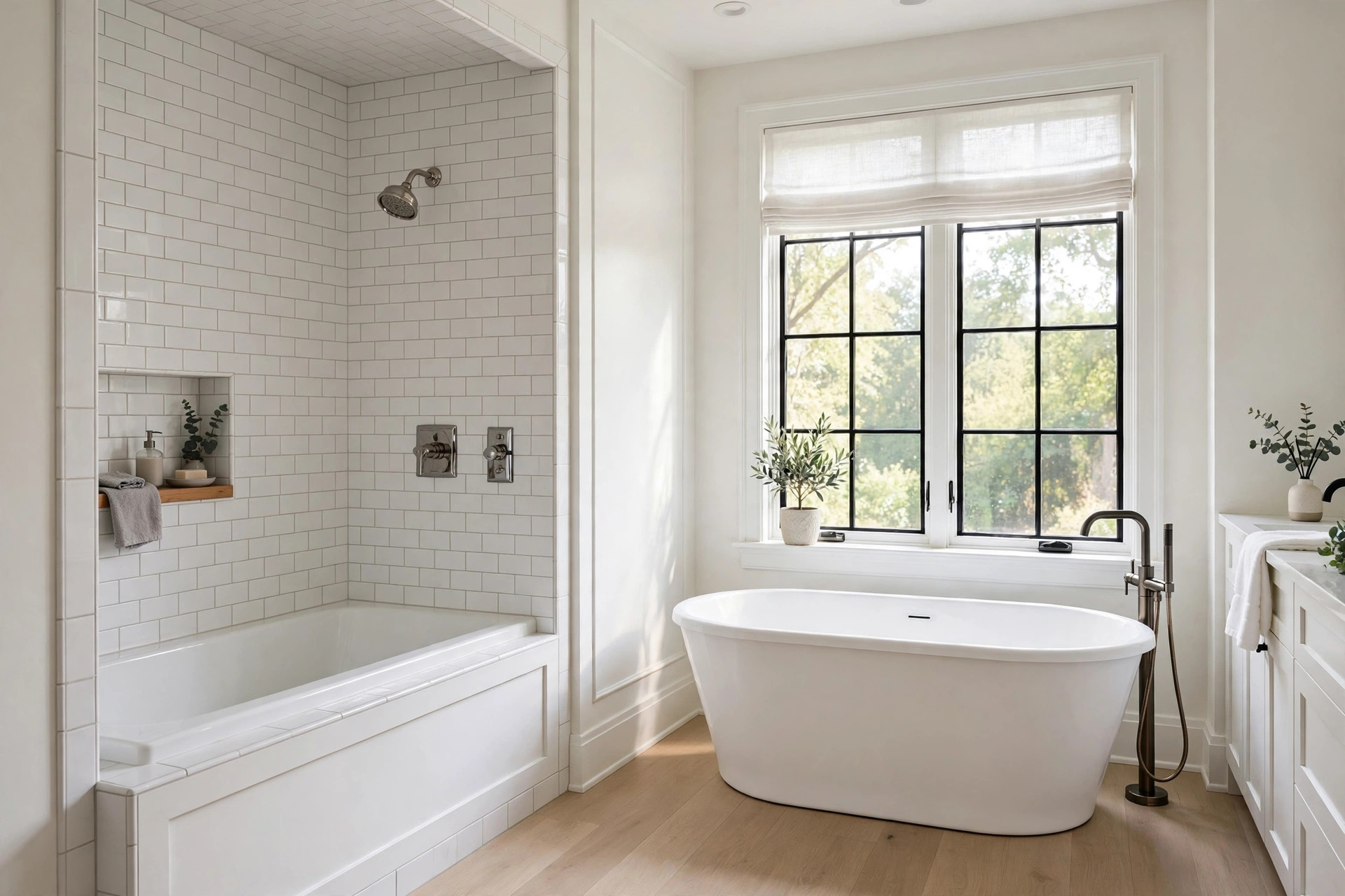 Alcove vs freestanding tub comparison USA: both tub styles in American bathrooms