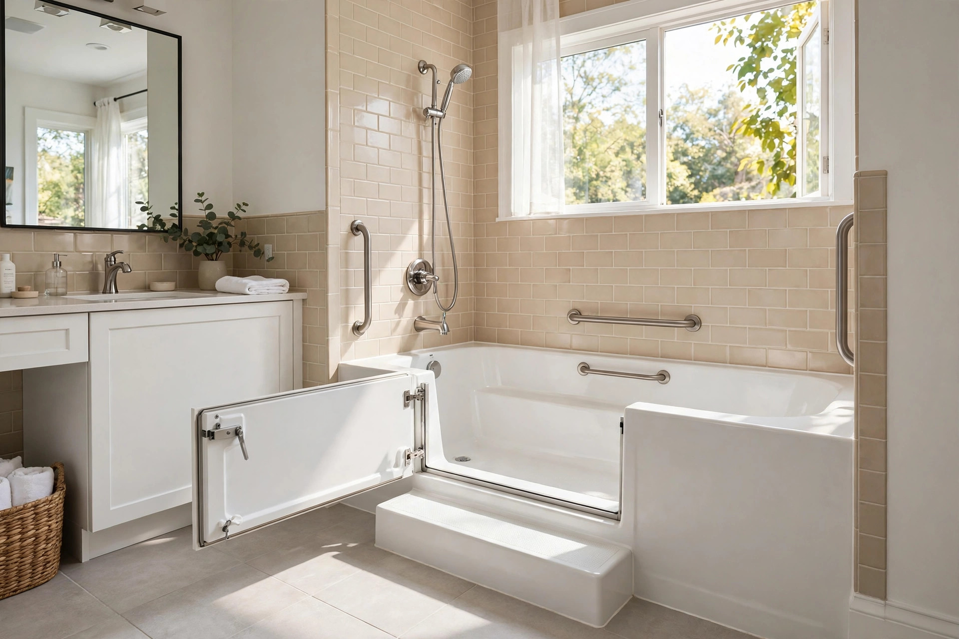 walk in tub cost installed near me: A walk in tub installed in an American bathroom