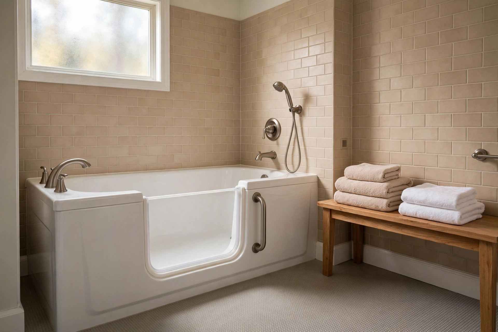 best walk in tub for seniors reviews usa: A white walk-in tub with a watertight door and grab bars in a bright bathroom