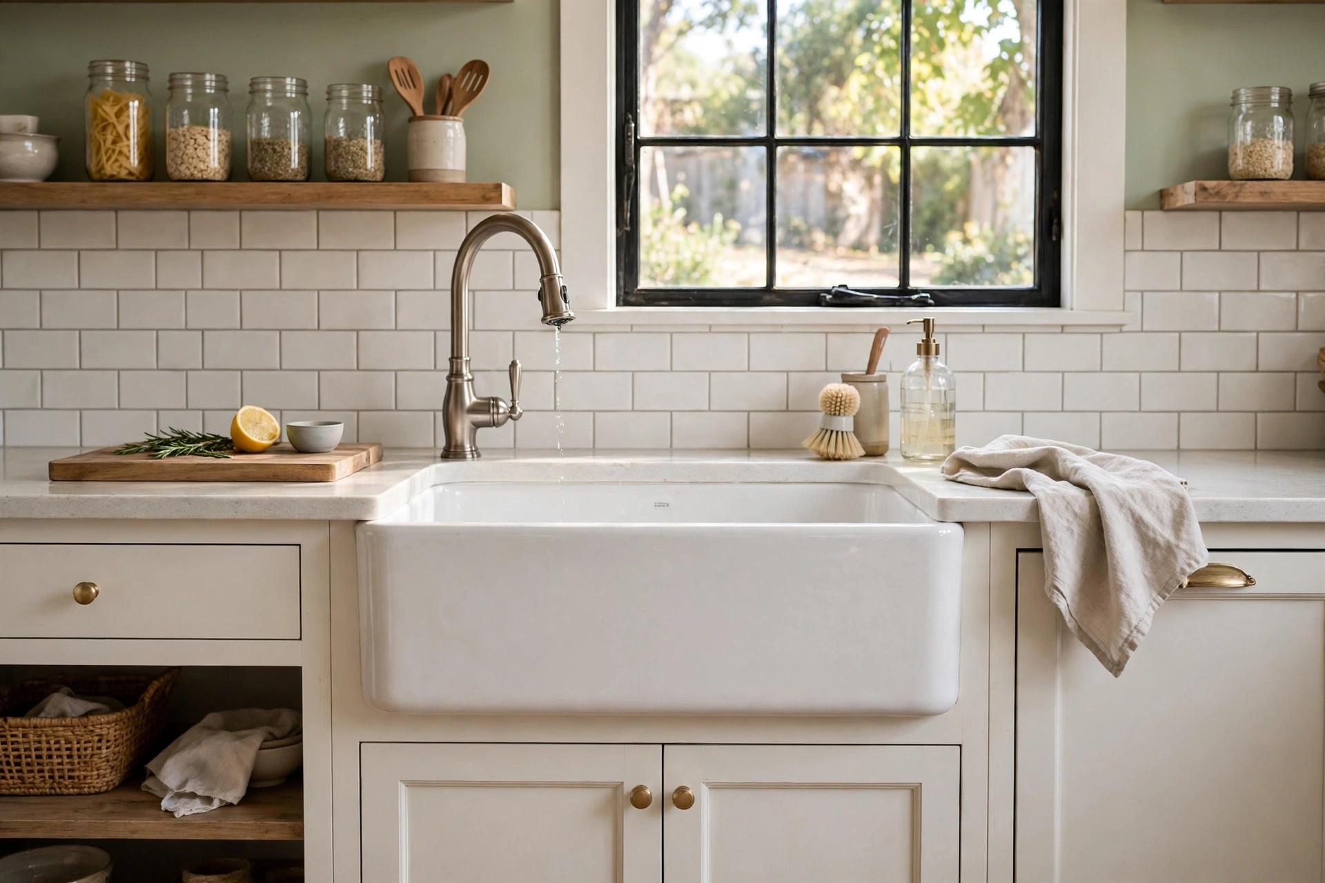 best farmhouse kitchen sink reviews usa: A white farmhouse kitchen sink with an apron front in an American kitchen