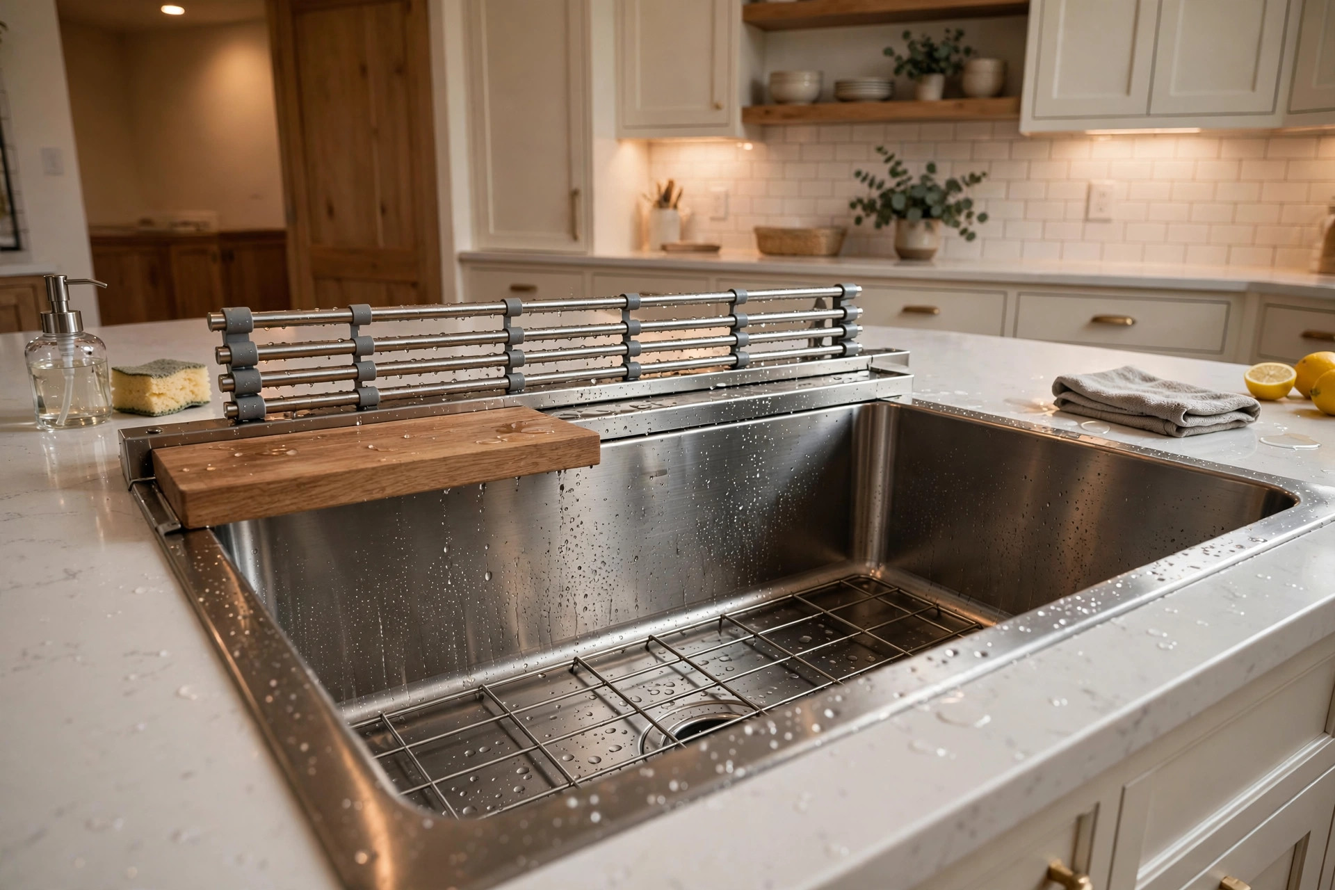 Best workstation kitchen sink reviews 2026: stainless workstation sink with grid and cutting board in a home kitchen