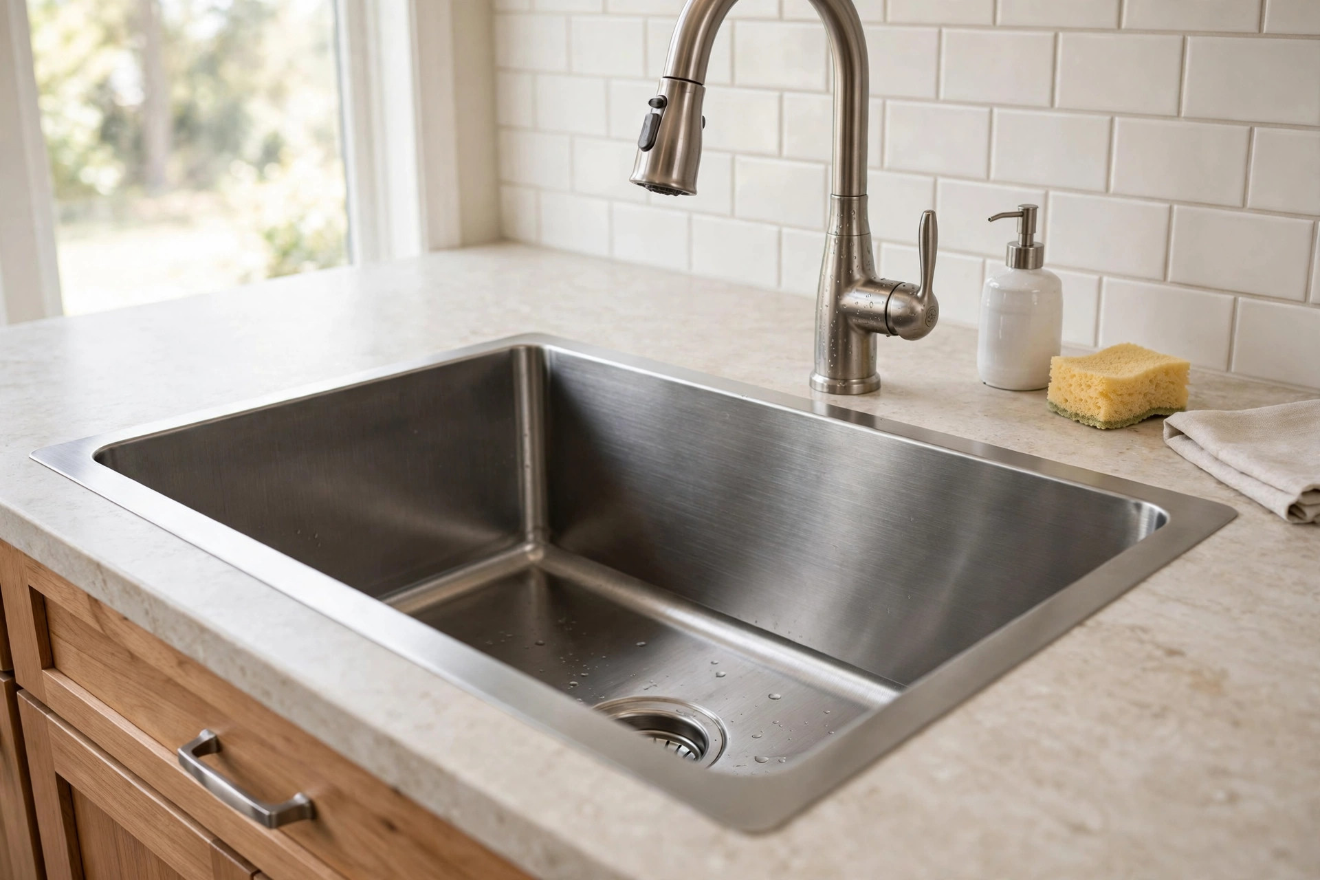stainless steel sink gauge comparison guide: Stainless steel kitchen sink showing thick gauge steel in a real American kitchen