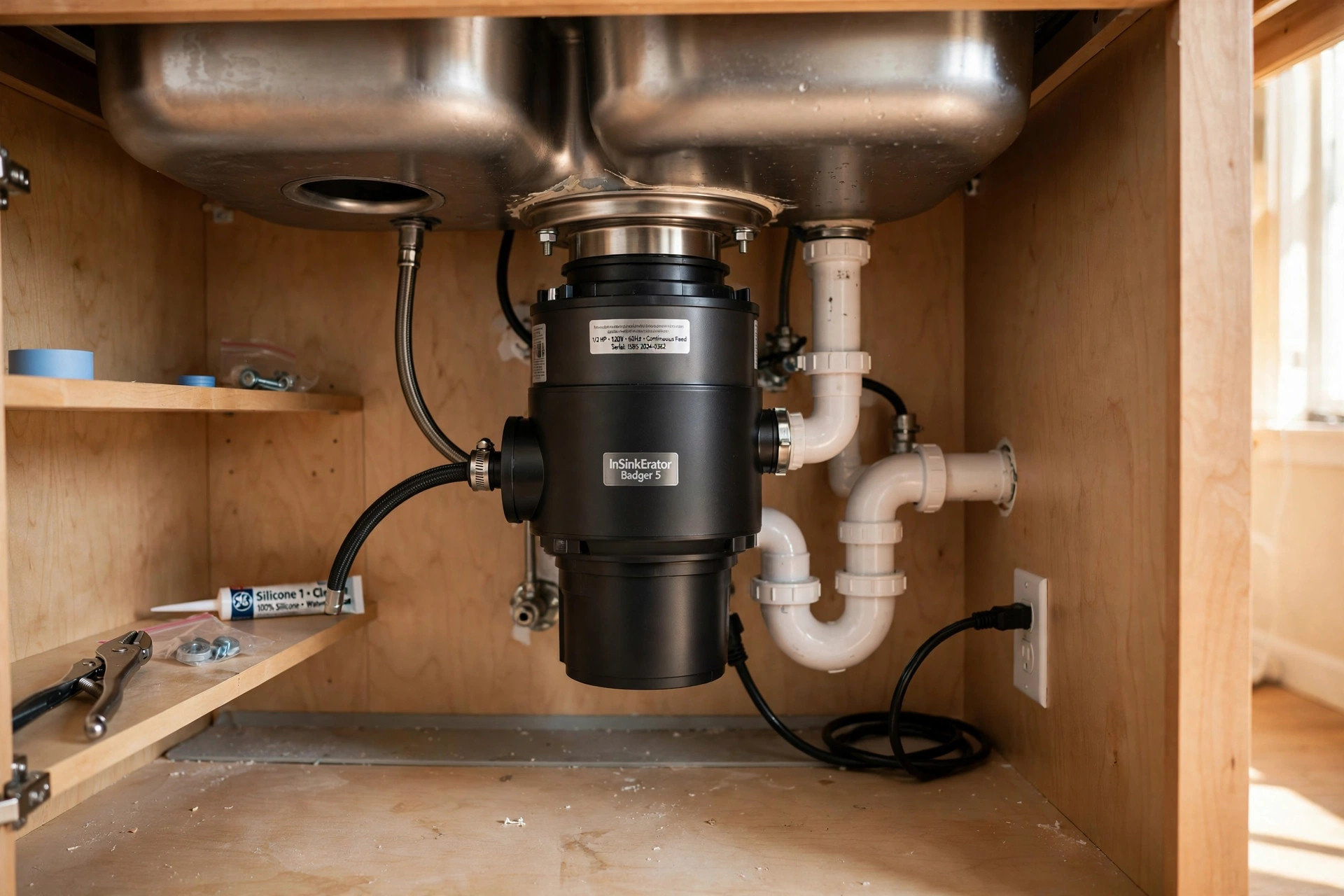 Garbage disposal installation cost near me - new unit mounted under a kitchen sink
