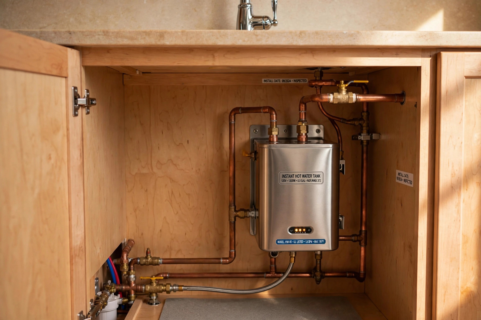best instant hot water tank reviews usa: Instant hot water tank installed under a kitchen sink