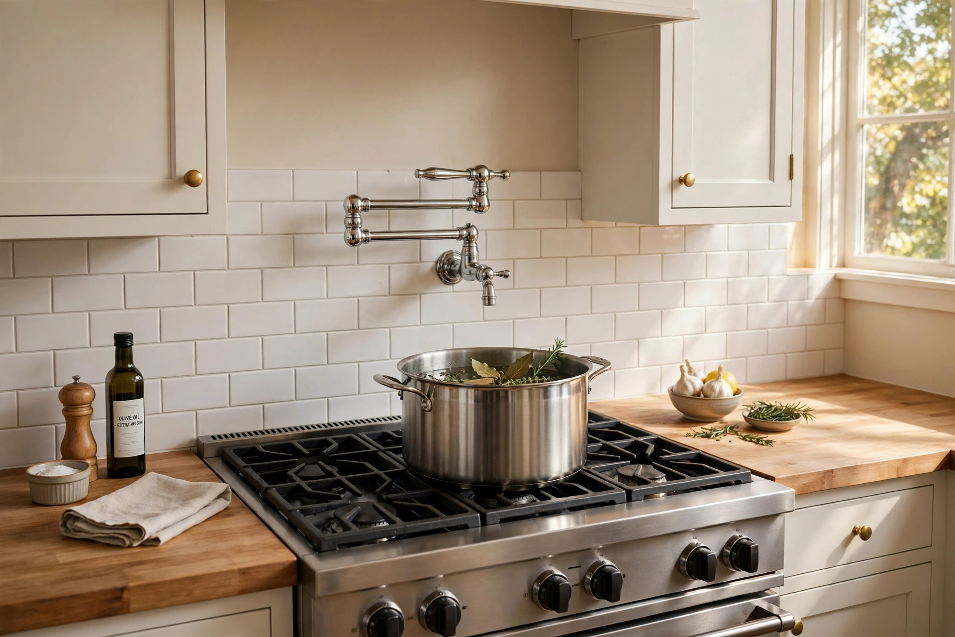 Wall-mounted pot filler placed above a gas range, showing best pot filler placement over range usa kitchens