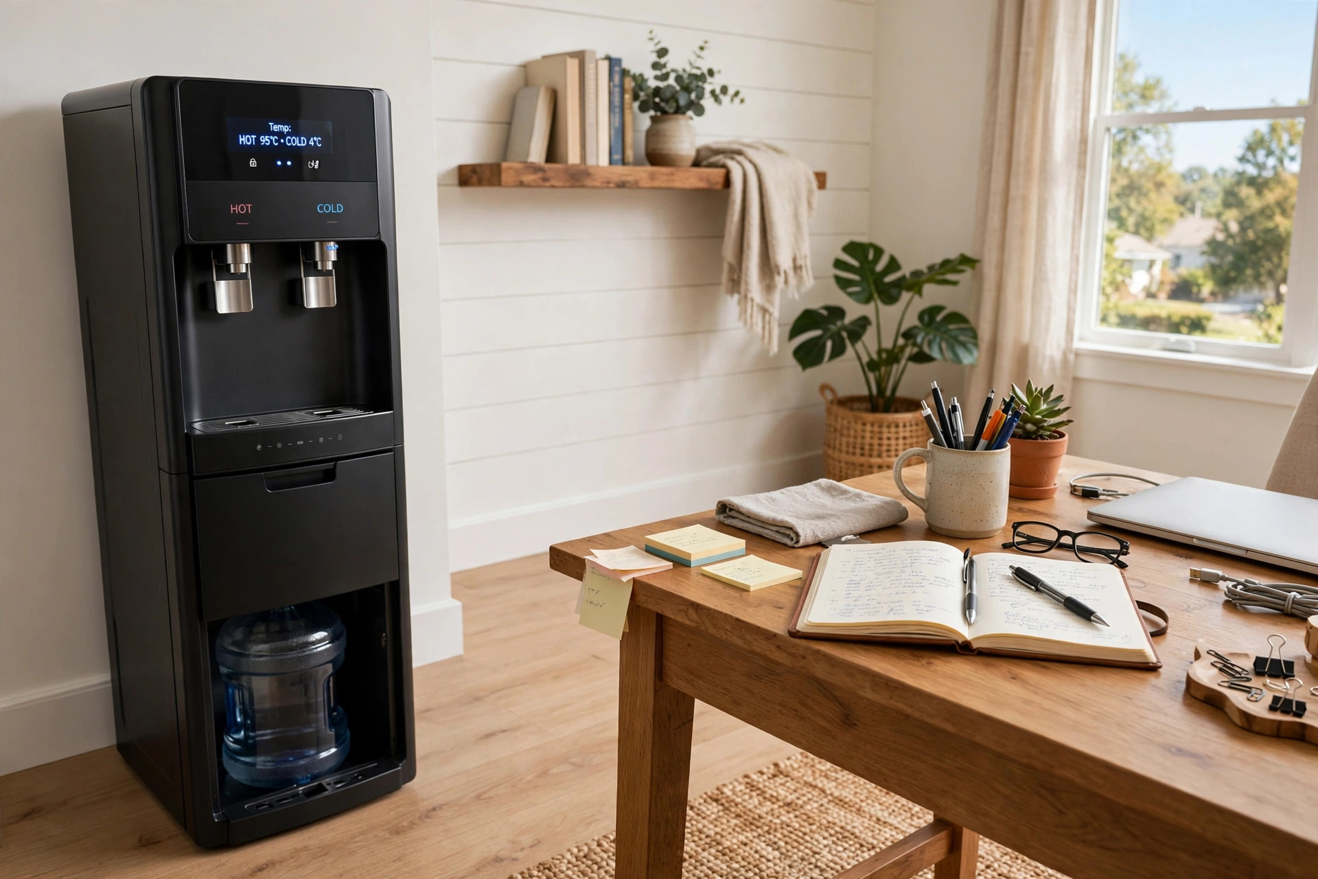 best water dispenser for home office usa: A countertop water dispenser with hot and cold taps on a clean home office desk in an American home