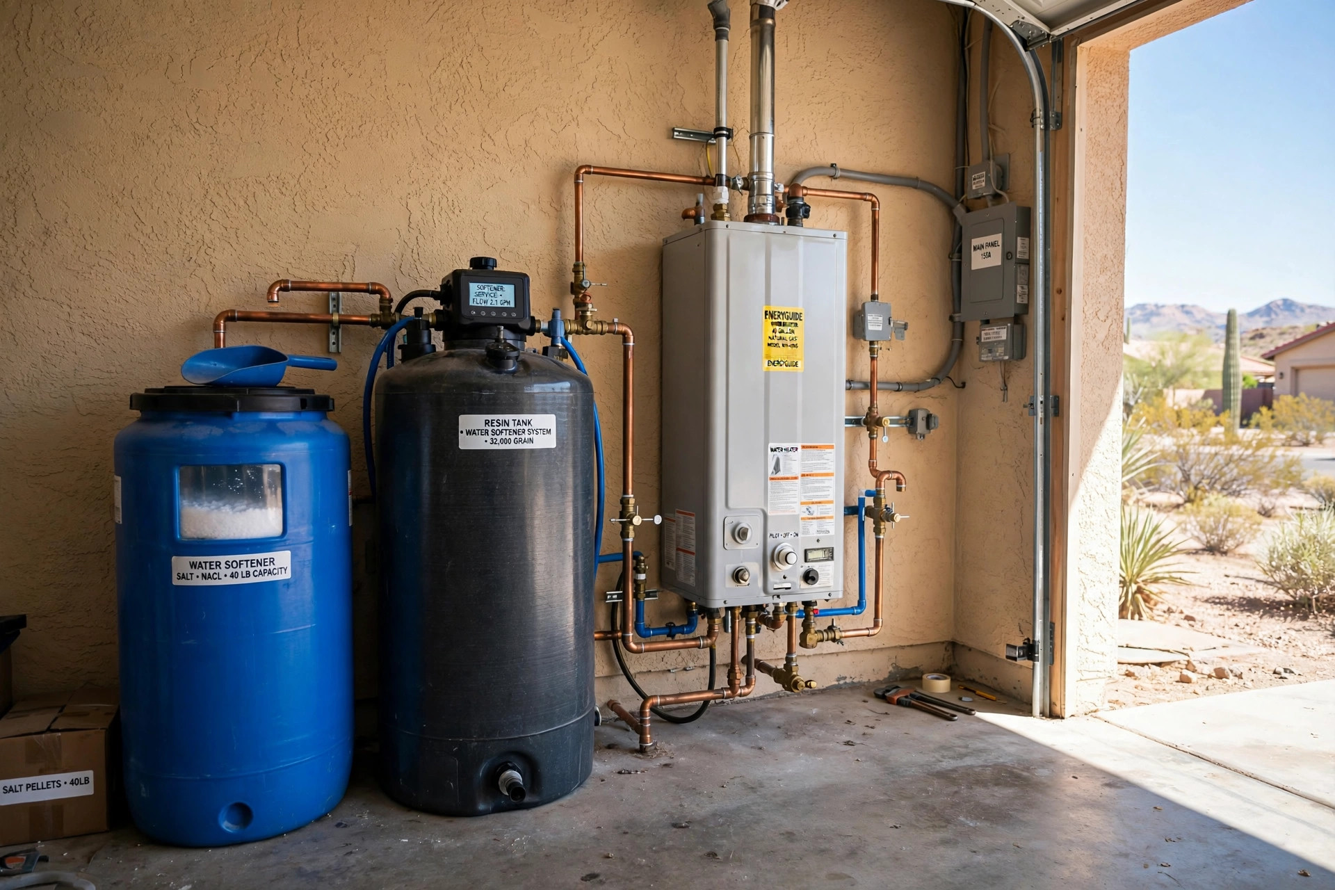 best water softener for arizona hard water: Whole-house water softener in an Arizona garage, set up for hard water treatment