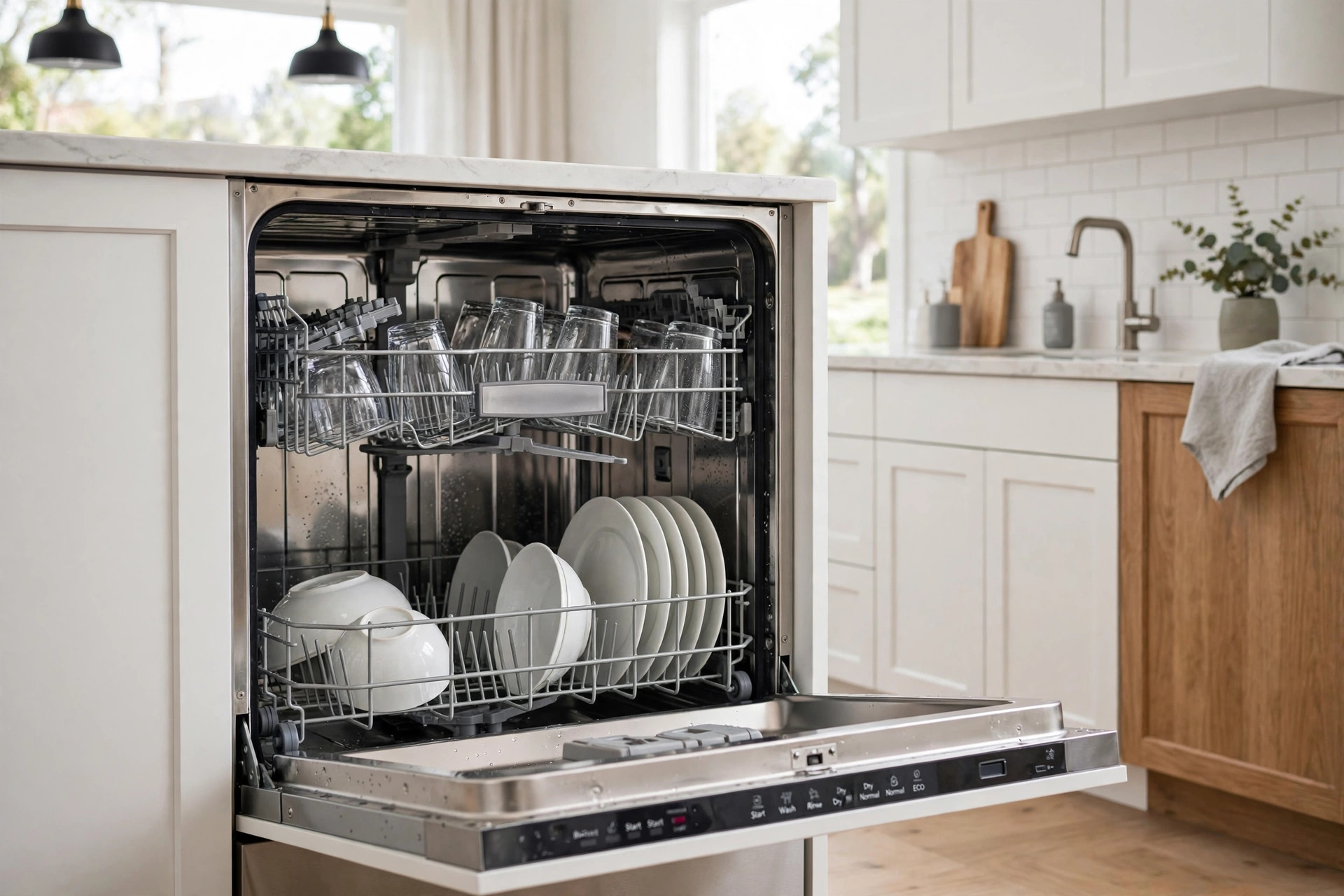 Open dishwasher in a bright American kitchen showing the best dishwasher for hard water reviews usa
