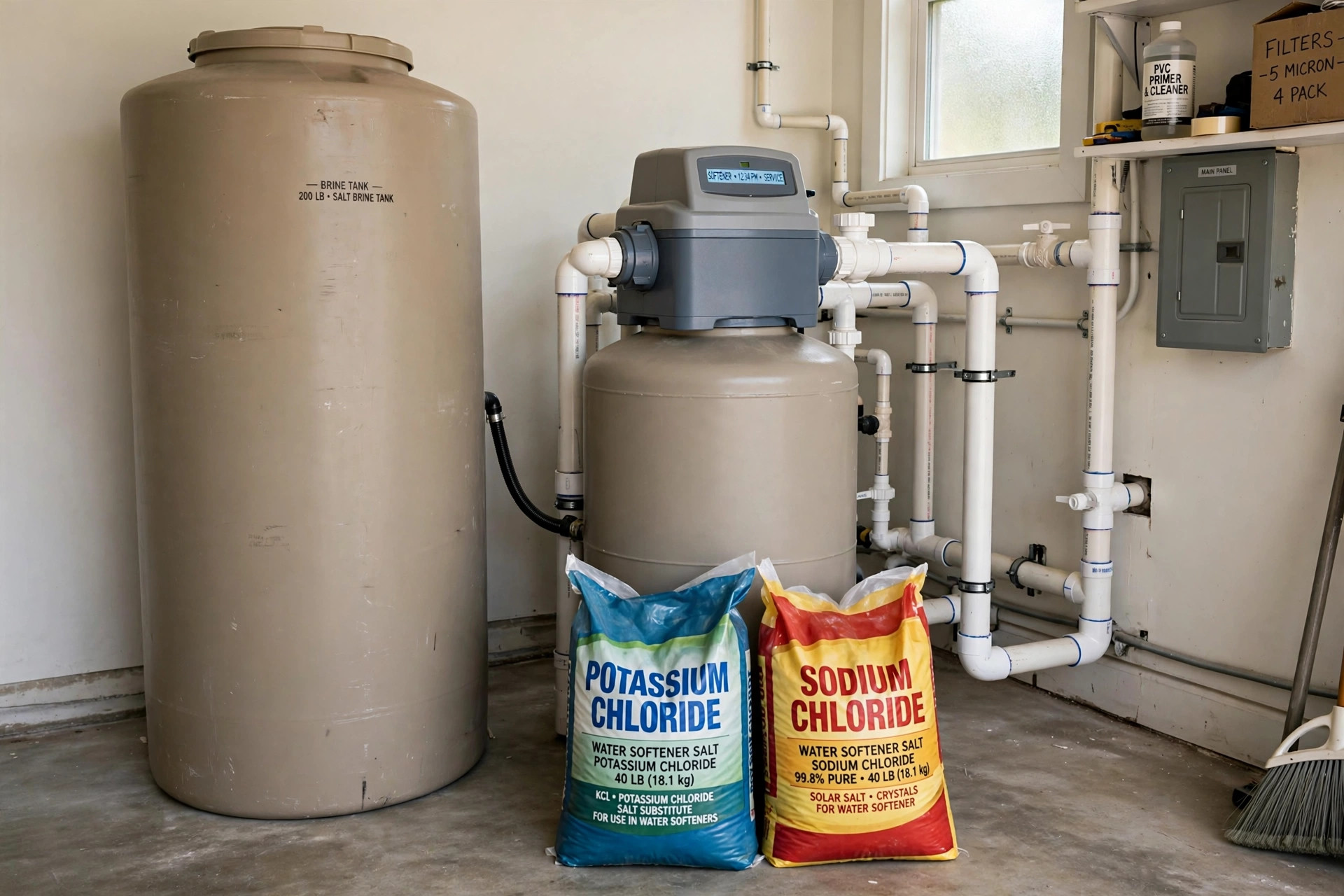 Water softener brine tank and salt bags in a home utility room, showing the potassium chloride vs sodium softener salt choice
