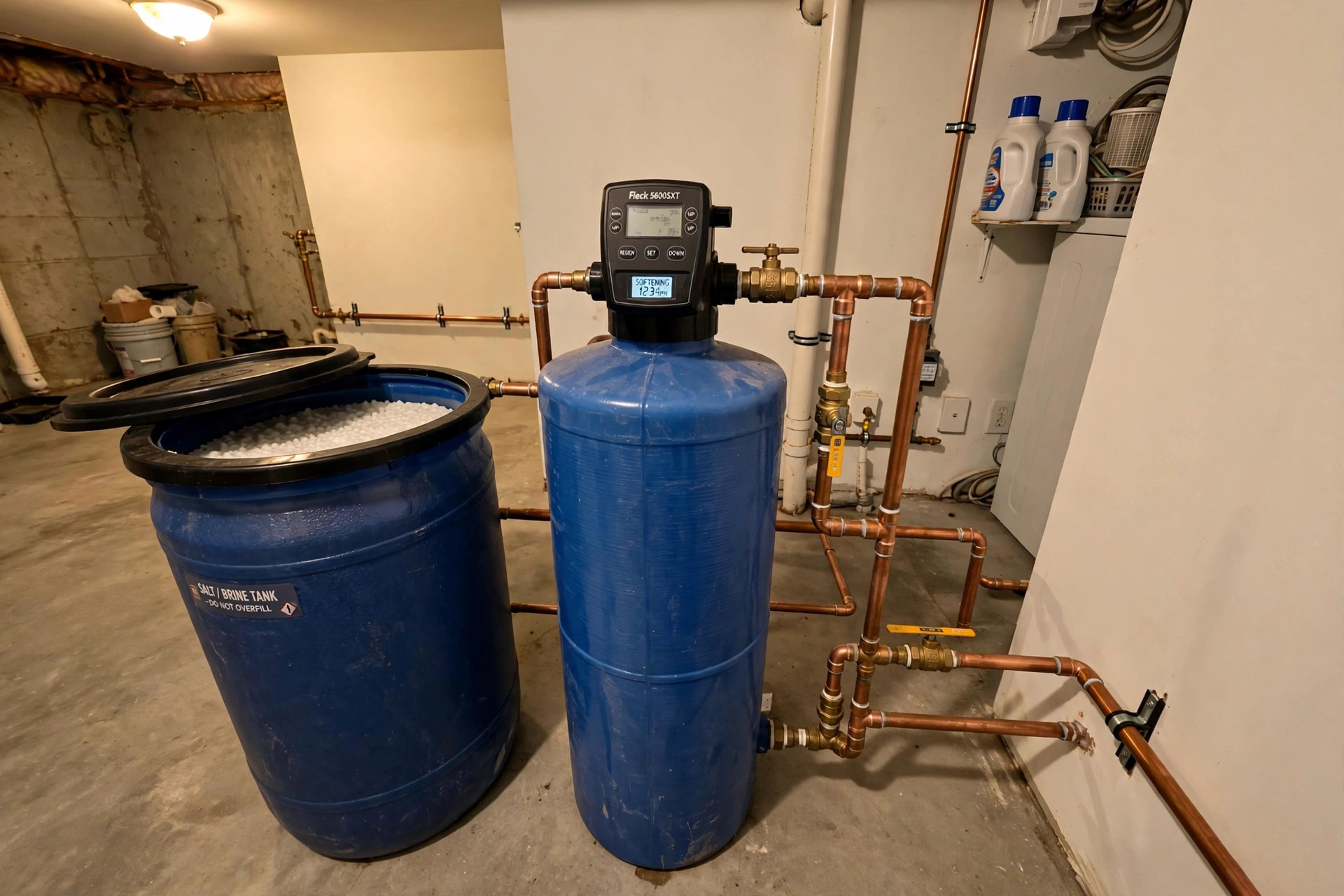 best water softener for city water usa: Water softener unit installed in a home utility room