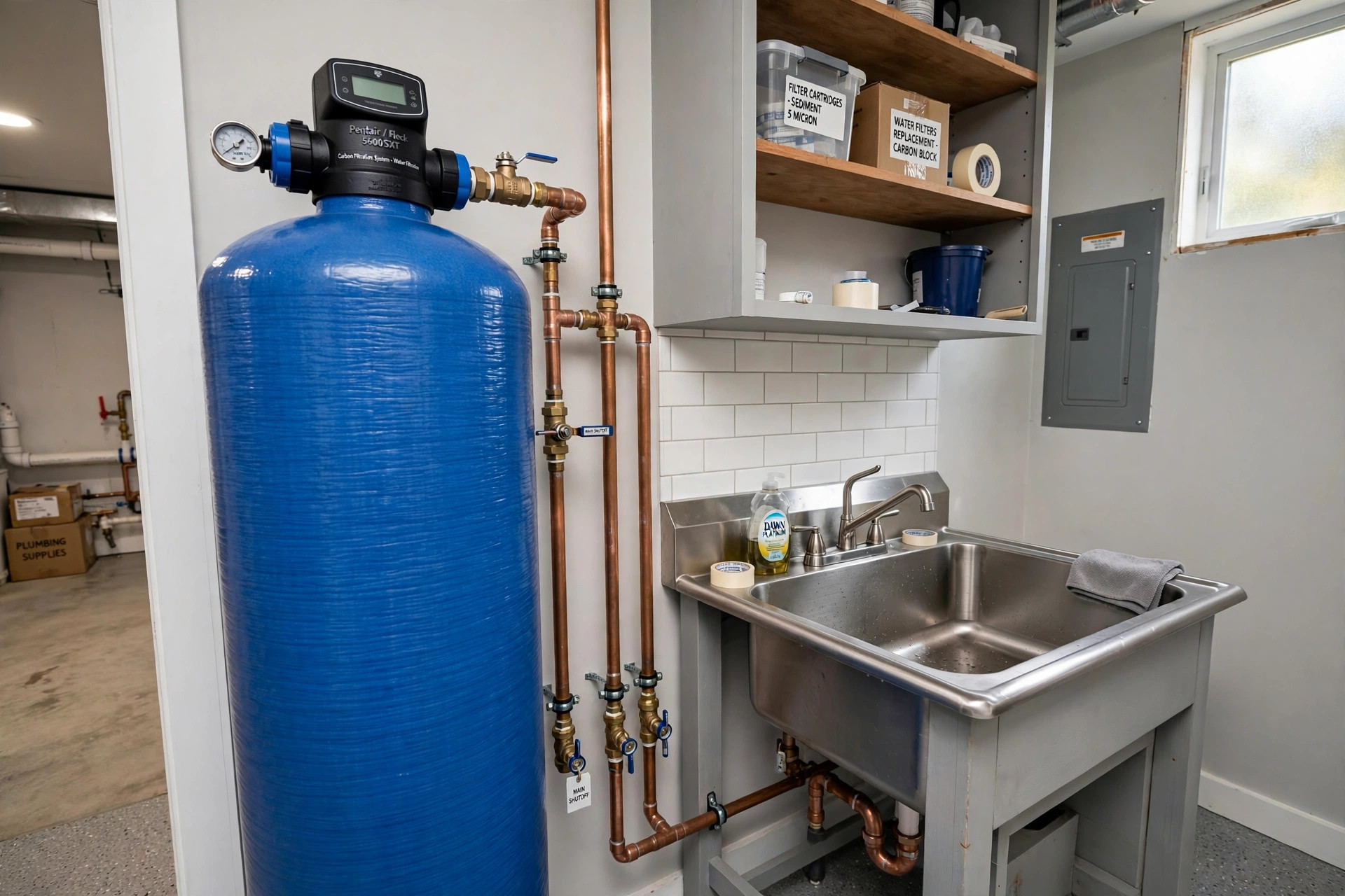 catalytic carbon vs activated carbon filter: A whole house water filter tank with catalytic carbon installed beside a utility sink