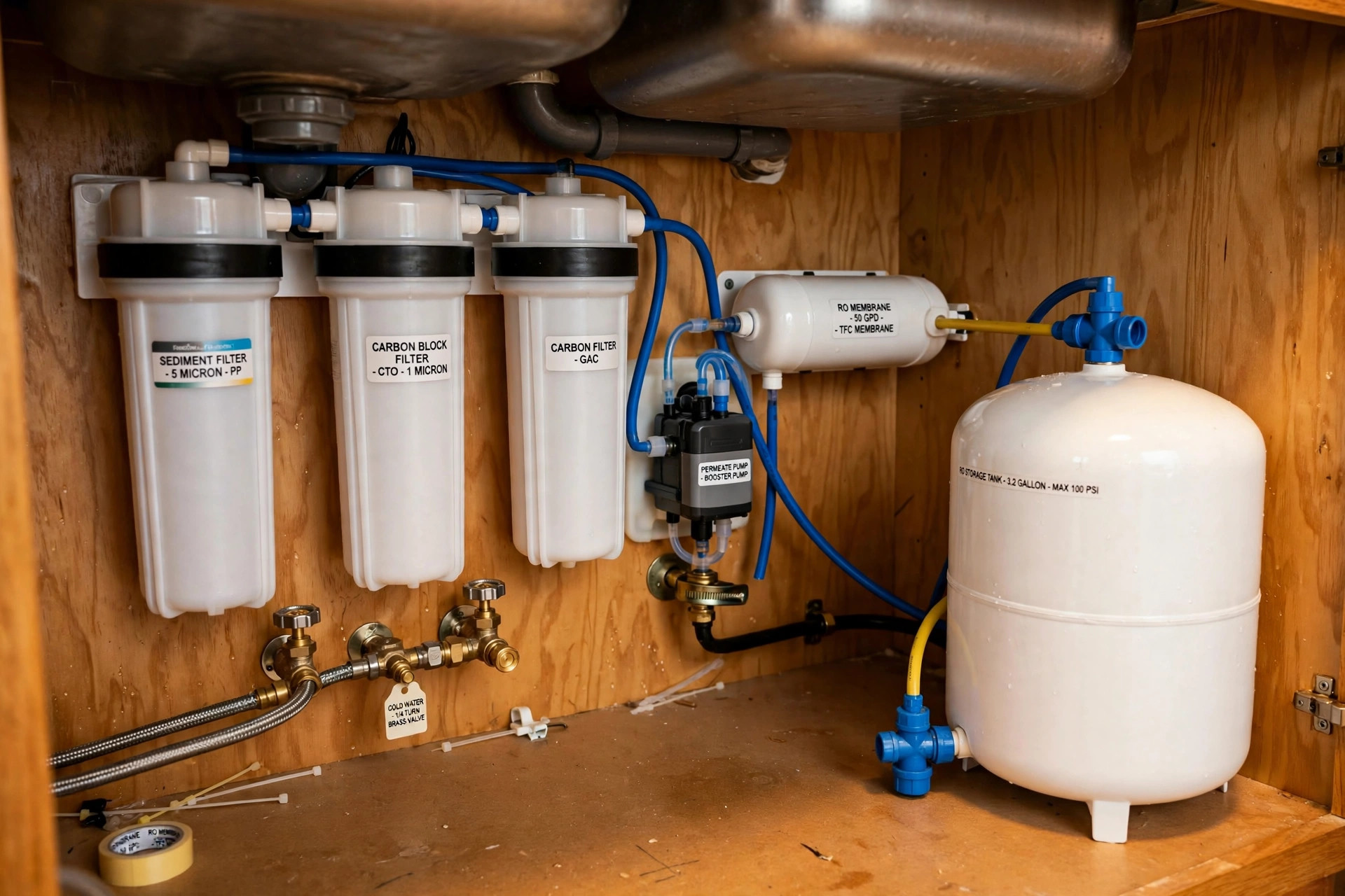 permeate pump for ro system reviews usa: A reverse osmosis system with a permeate pump under an American kitchen sink