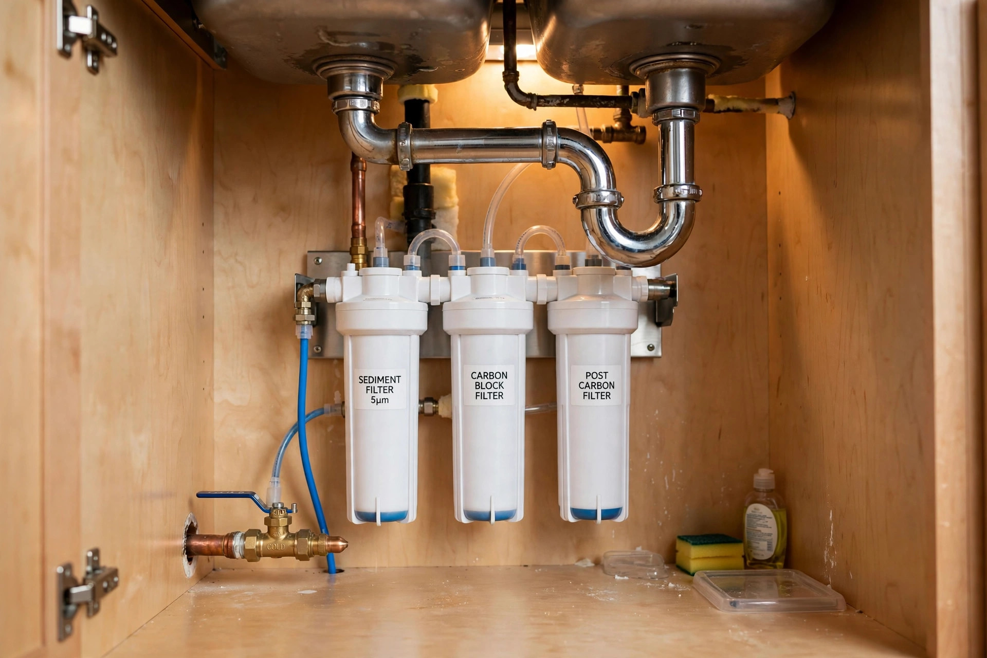 best under sink filter for apartments usa: Under sink water filter system mounted under a kitchen cabinet
