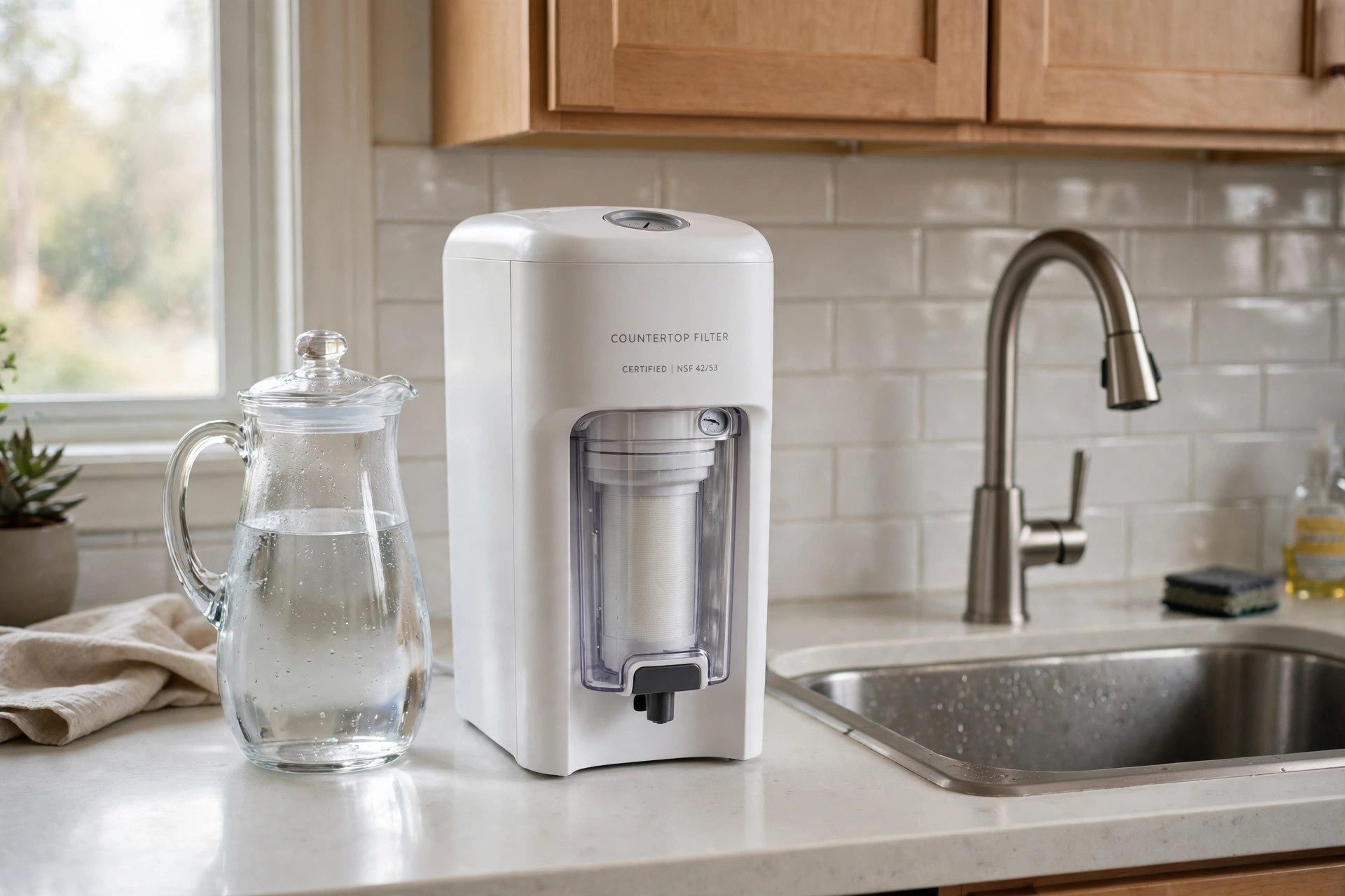 Renter friendly water filter options USA shown as a countertop filter on a kitchen counter