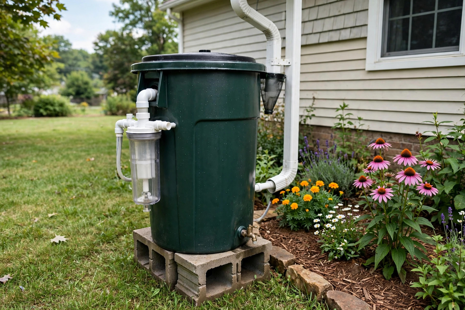 rain barrel with filter kit reviews usa: Rain barrel with filter kit beside an American home garden