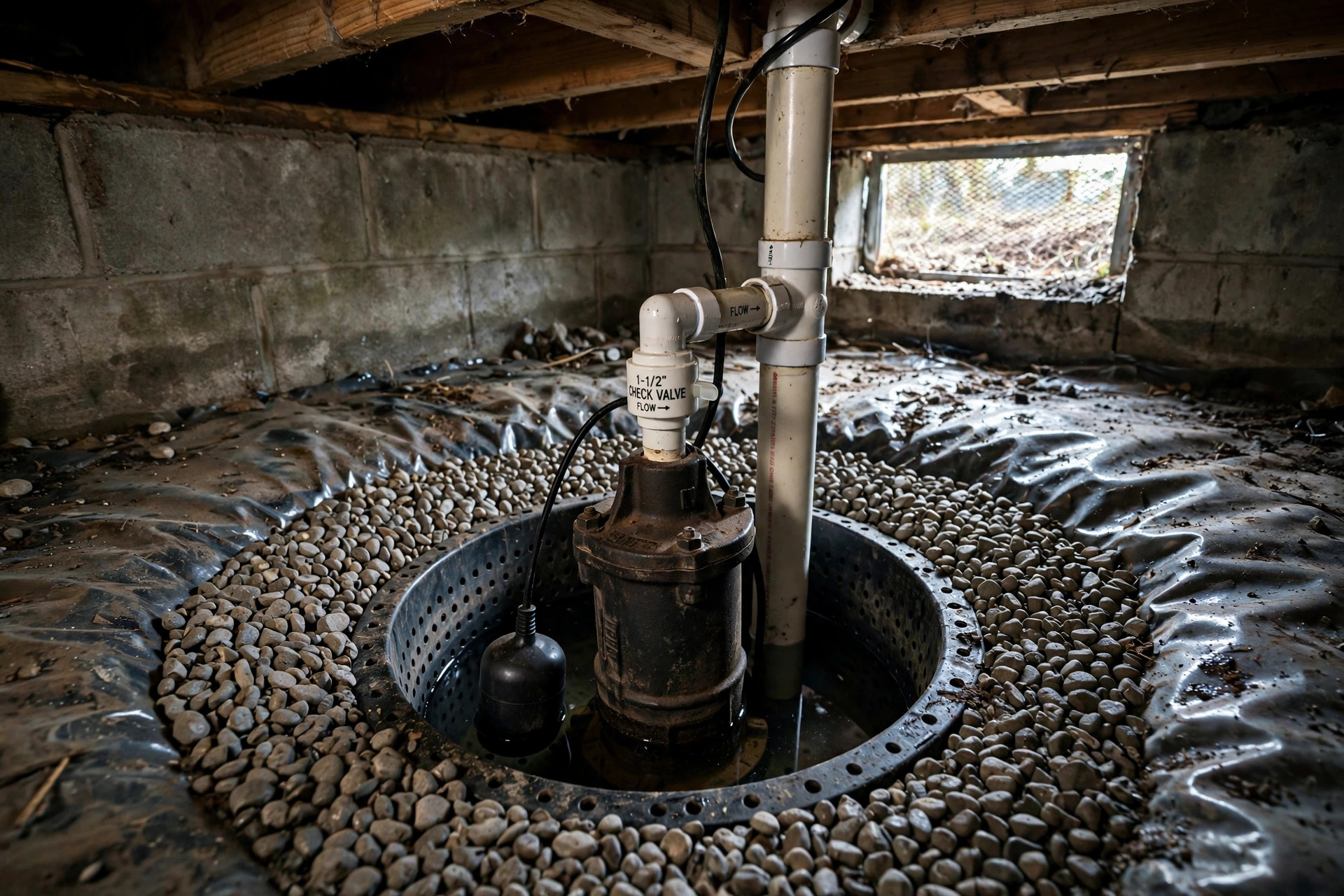 A sump pump installed in a dry crawl space basin with a gravel pit and discharge pipe, best sump pump for crawl space usa