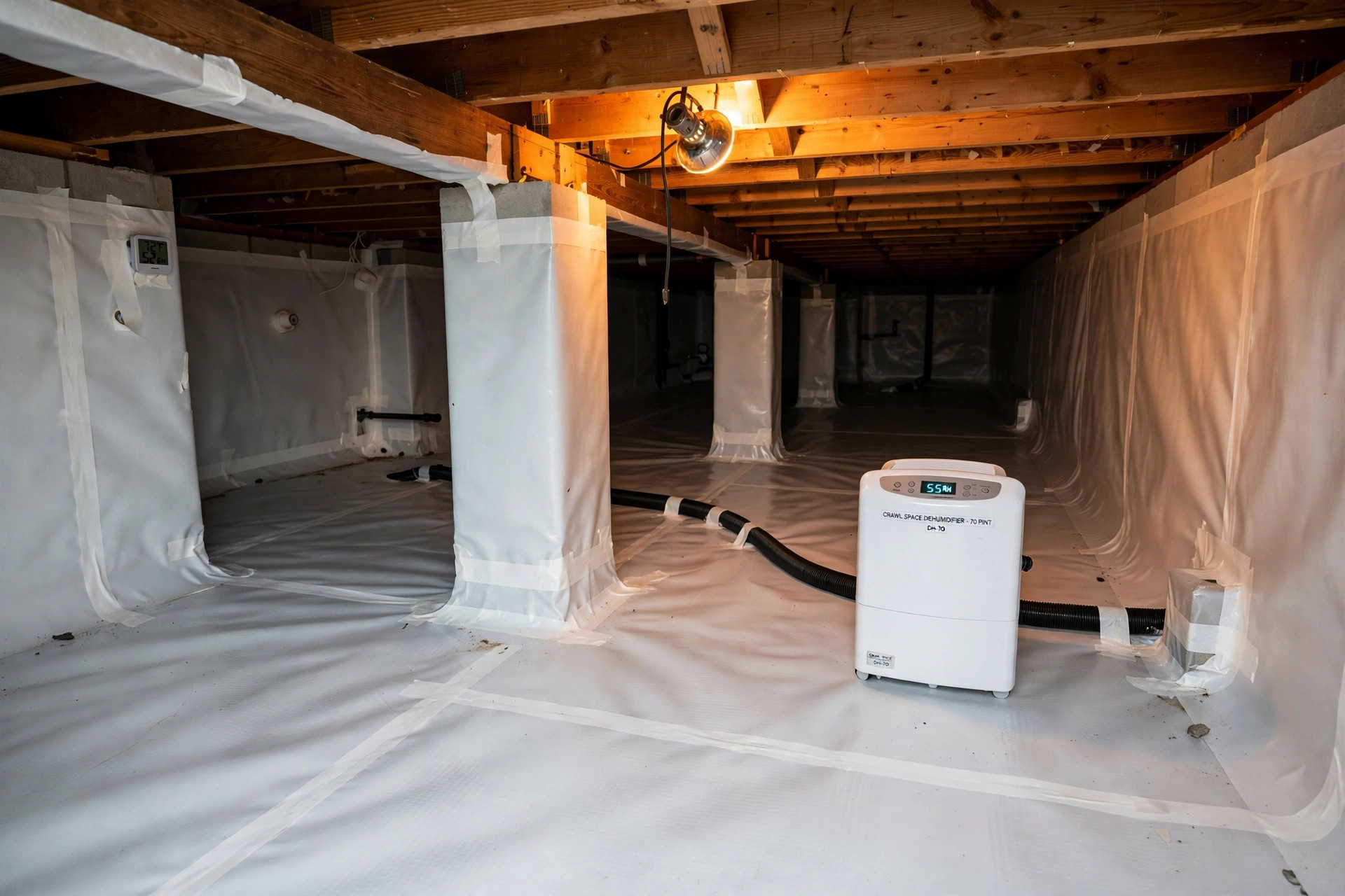 crawl space encapsulation cost per square foot: Crawl space encapsulation vapor barrier installed in a home crawl space