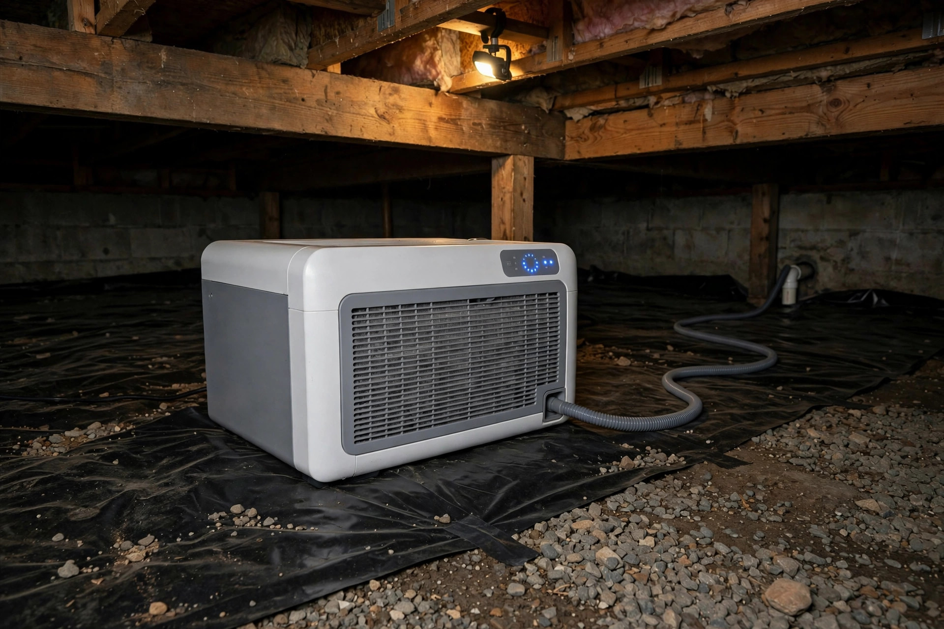crawl space dehumidifier reviews 2026 usa: Crawl space dehumidifier running in an American home crawl space
