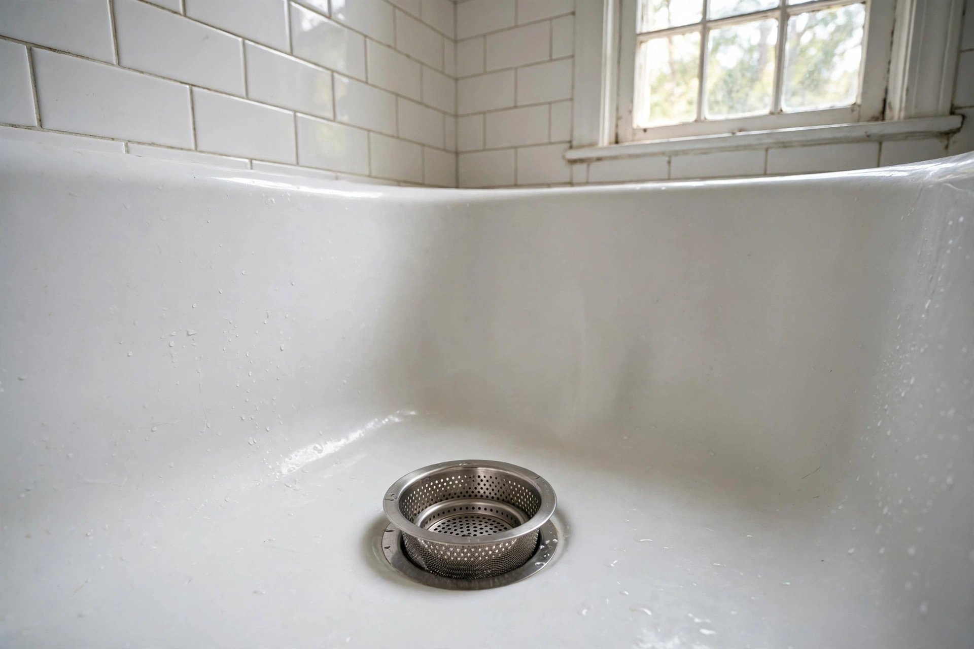 tub drain hair catcher reviews 2026 usa: Stainless steel tub drain hair catcher in a clean white bathtub