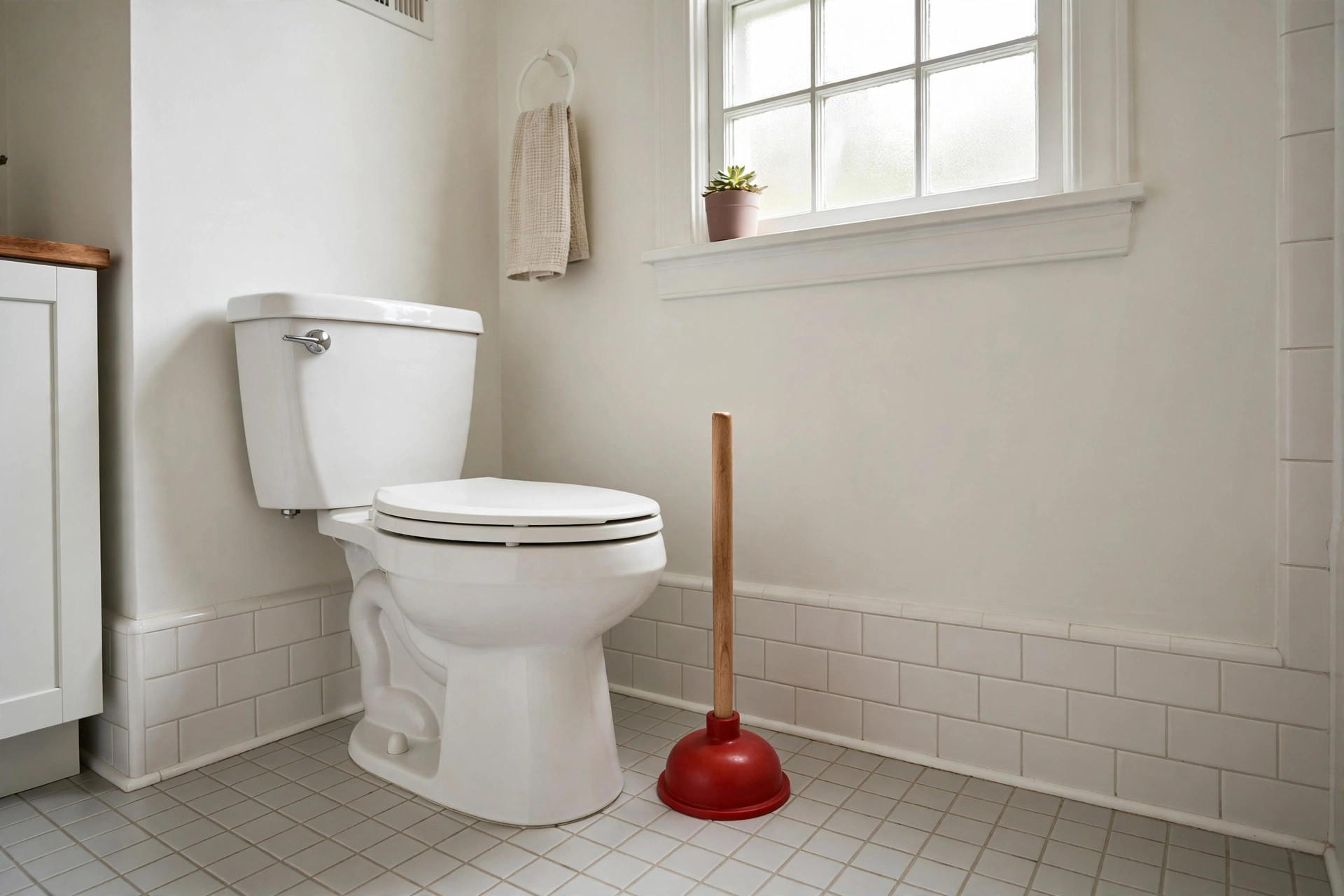 best plunger for toilets reviews 2026 usa: A red rubber flange plunger standing next to a clean white toilet in an American bathroom