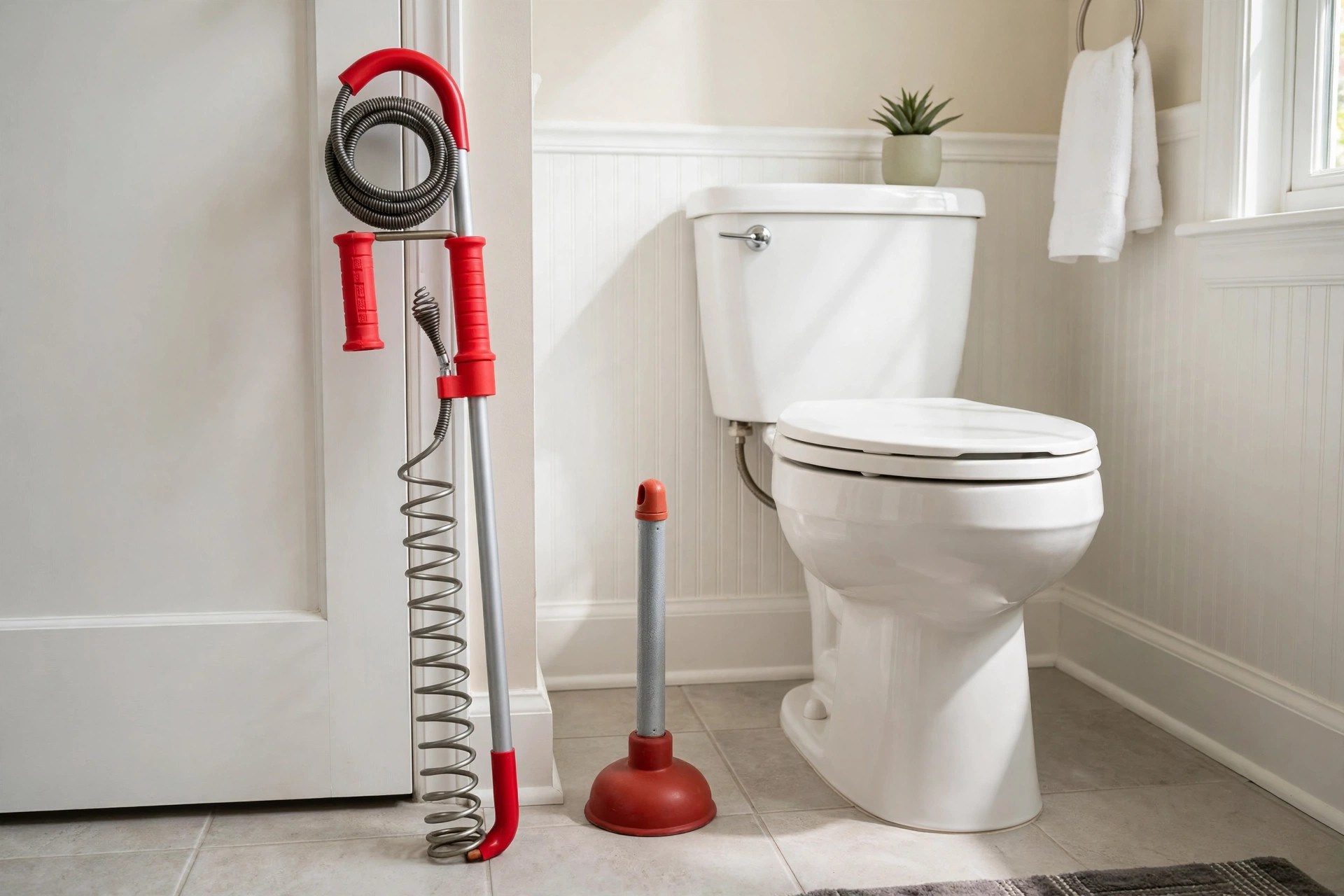 A toilet auger and a flange plunger placed side by side on a bathroom floor in an American home for a toilet auger vs plunger comparison usa