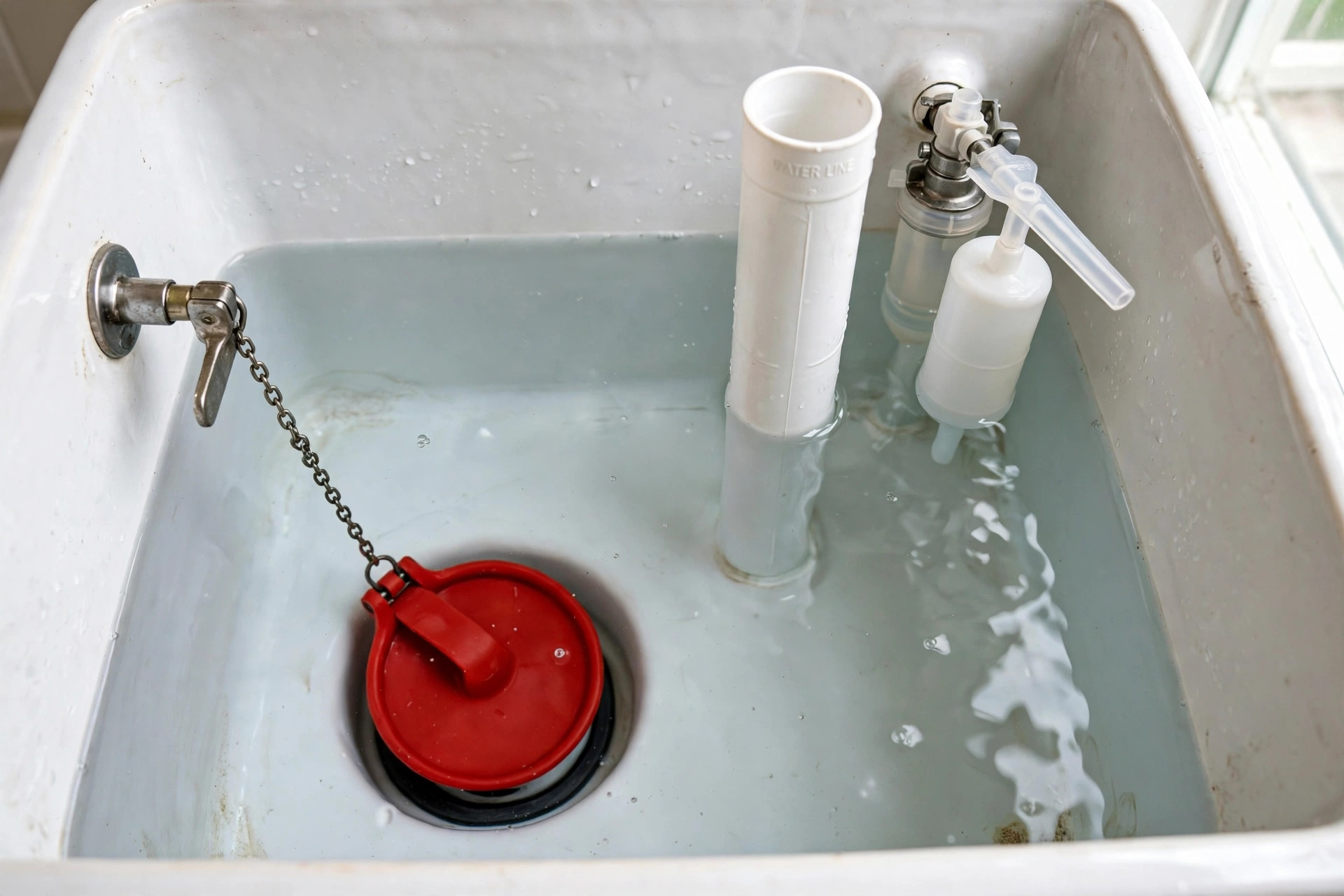 best toilet flapper replacement reviews usa: A close-up view of a new toilet flapper seated on the flush valve inside an open toilet tank