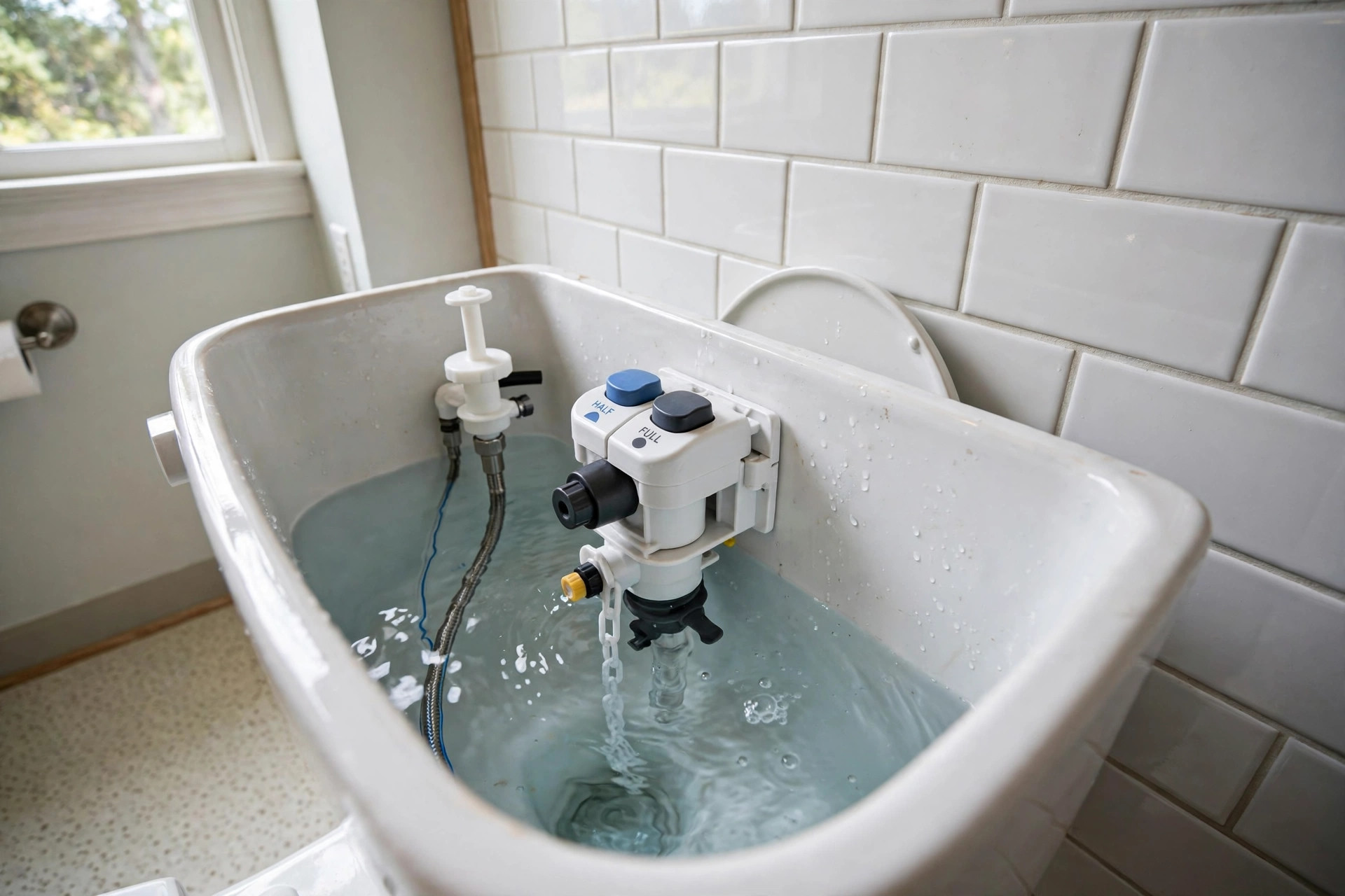 best dual flush converter kit reviews usa: Dual flush converter kit installed inside an open toilet tank