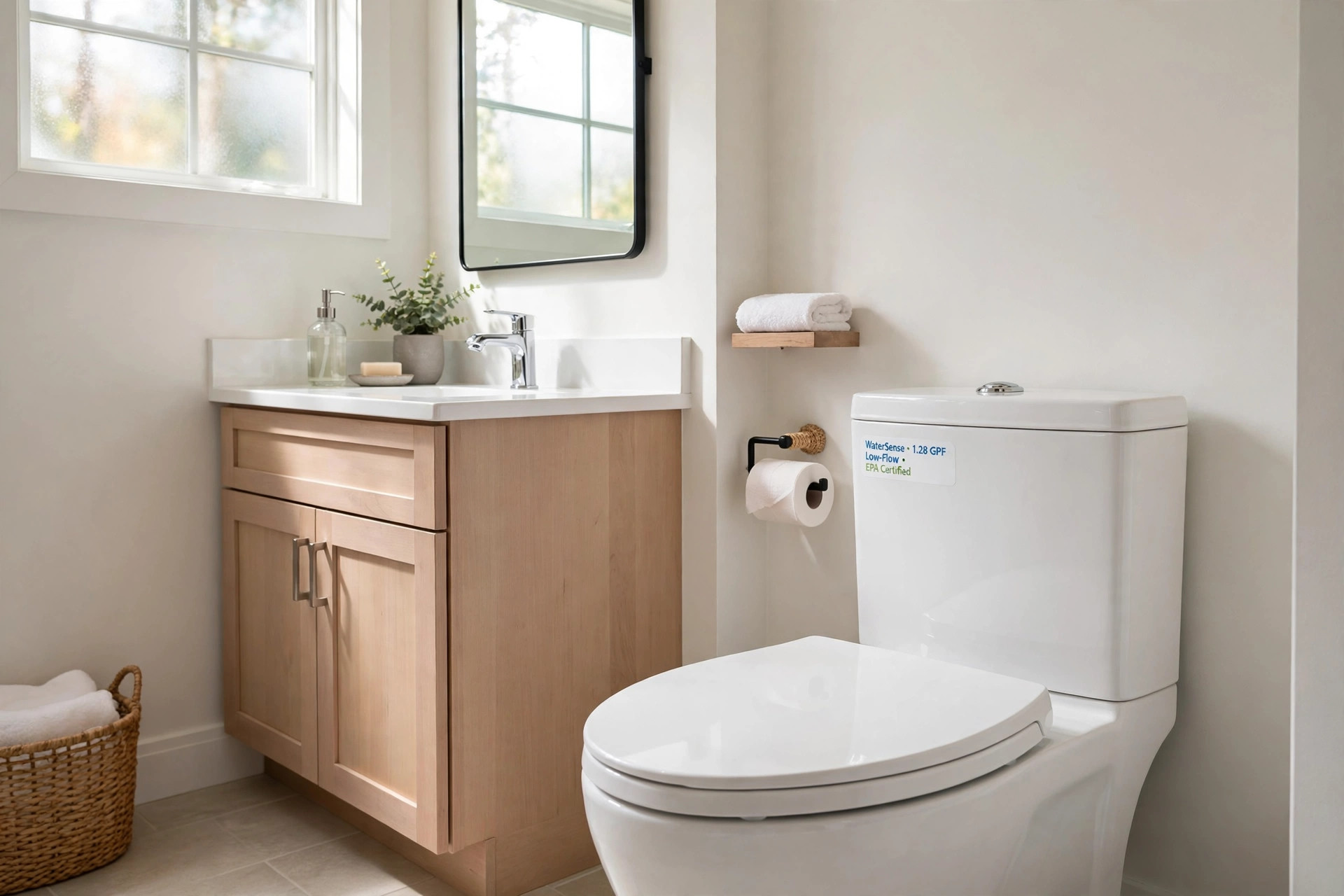 low flow toilet rebates by state usa: New low flow toilet installed in a clean American bathroom