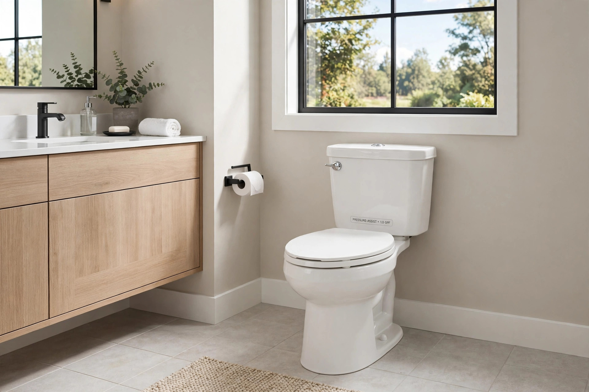 pressure assisted toilet pros cons usa: Pressure assisted toilet in a clean modern American bathroom