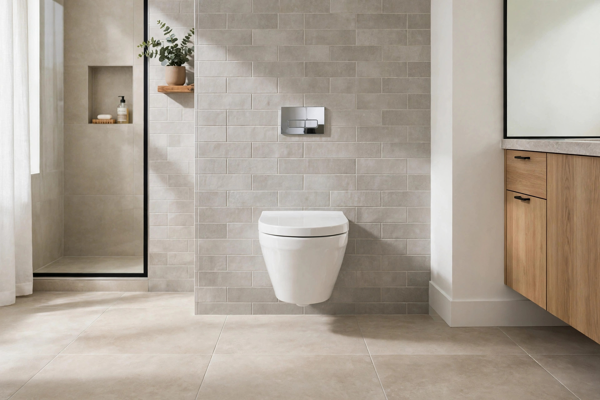 wall hung toilet pros and cons reviews usa: A wall hung toilet mounted on a bathroom wall in a modern American home