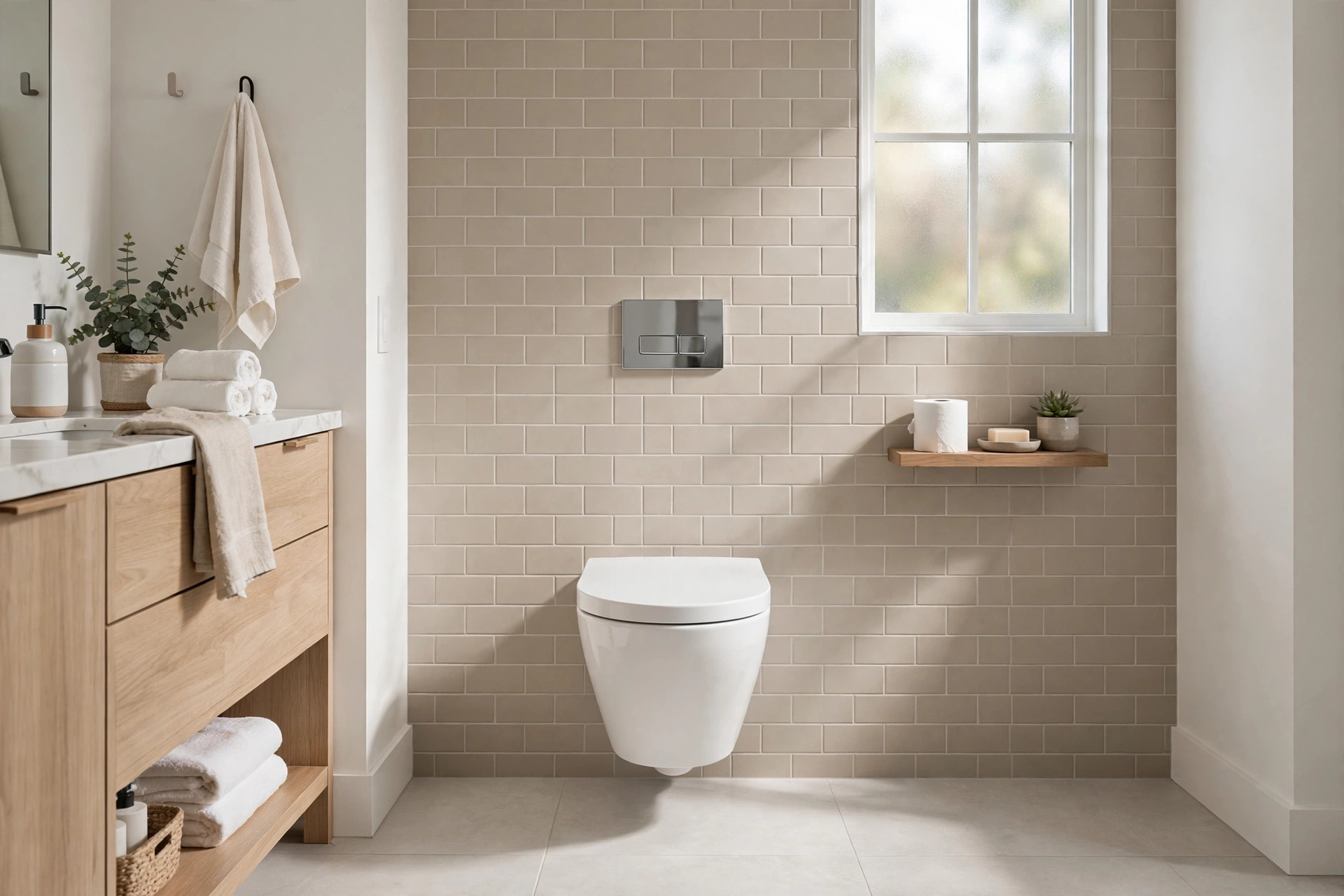 wall mounted toilet installation cost usa: Wall mounted toilet installed in a modern American bathroom