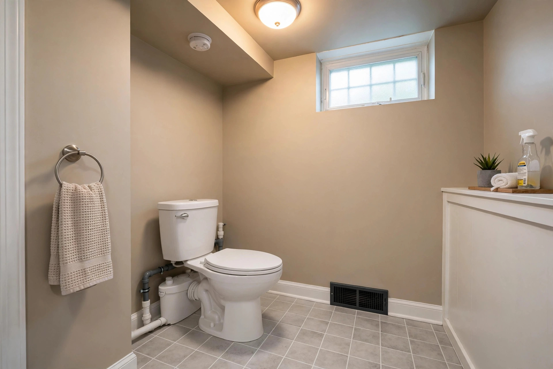 best macerating toilet for basement usa: Macerating toilet for basement USA installed in a clean tiled basement bathroom