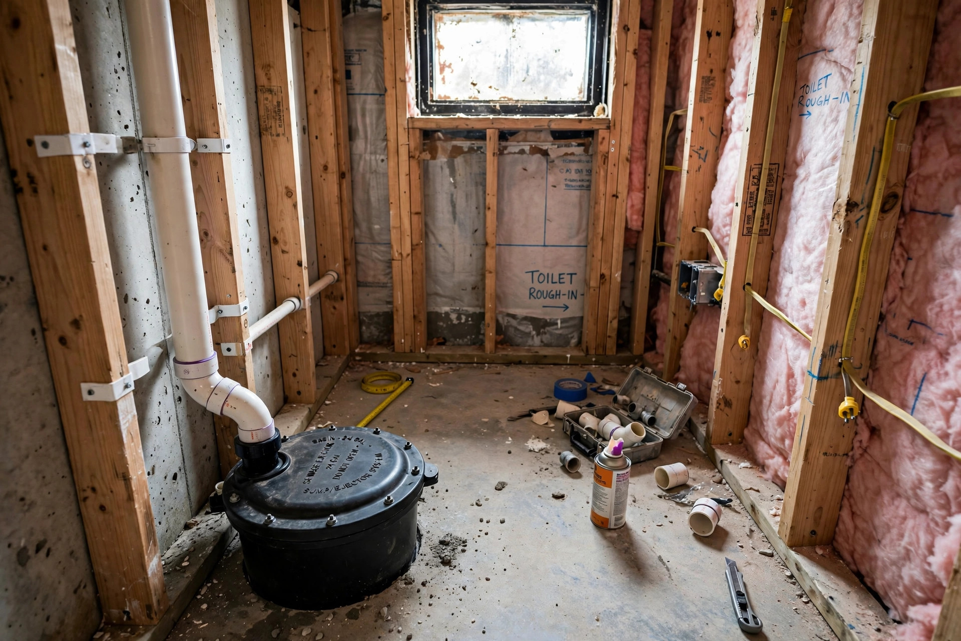 best pump for basement bathroom additions: Sewage ejector pump basin installed for a basement bathroom addition