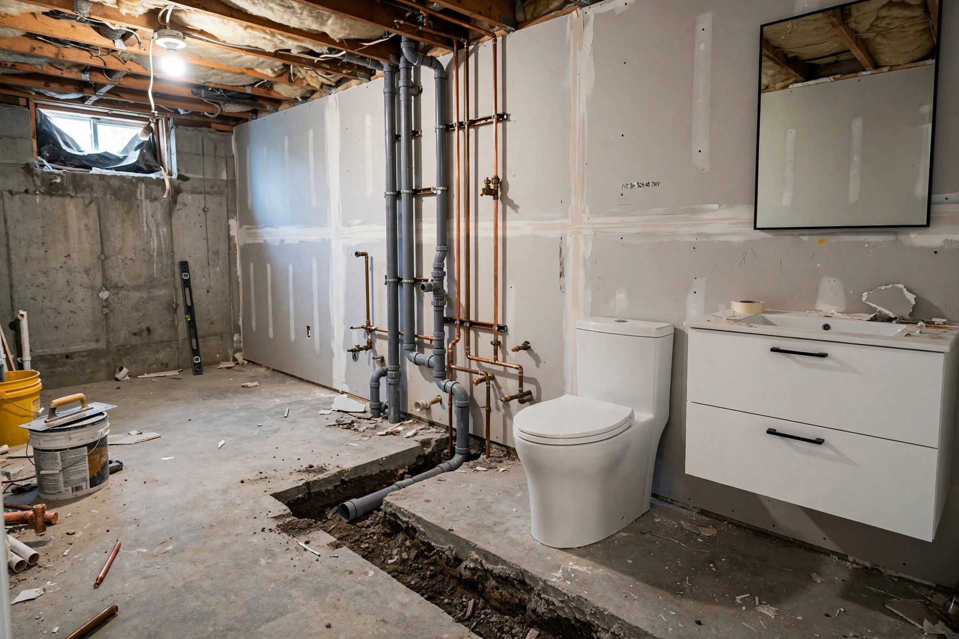 adding bathroom to basement plumbing cost: Basement bathroom under construction with exposed drain pipes and a new white vanity