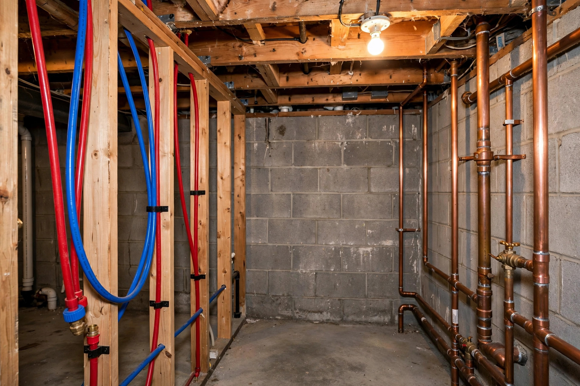 pex vs copper plumbing cost comparison usa: PEX and copper plumbing pipes installed in a real American home basement