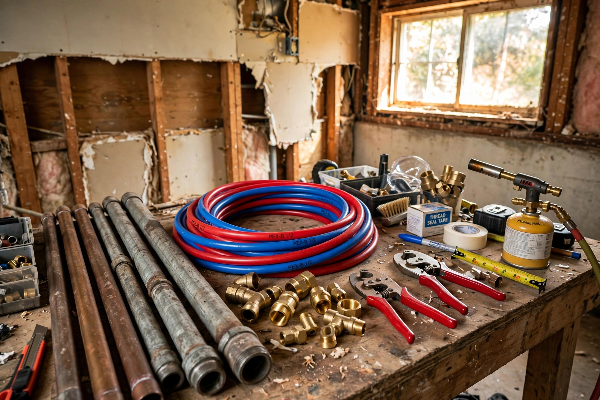 Old copper and new PEX pipes ready for a whole house repipe cost calculator USA estimate