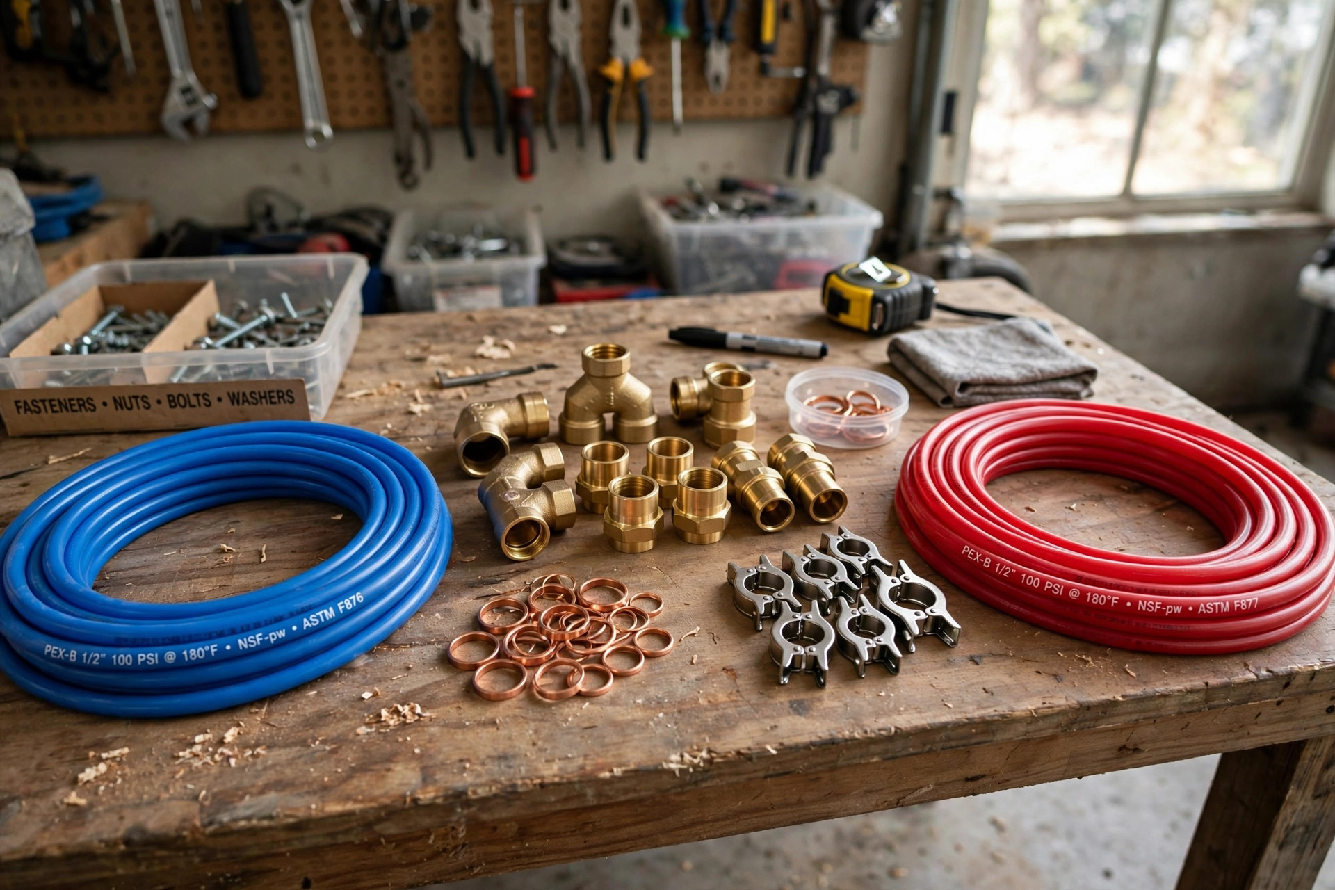 Brass PEX fittings, crimp rings, and PEX tubing on a workbench for the best pex fittings for diyers reviews usa